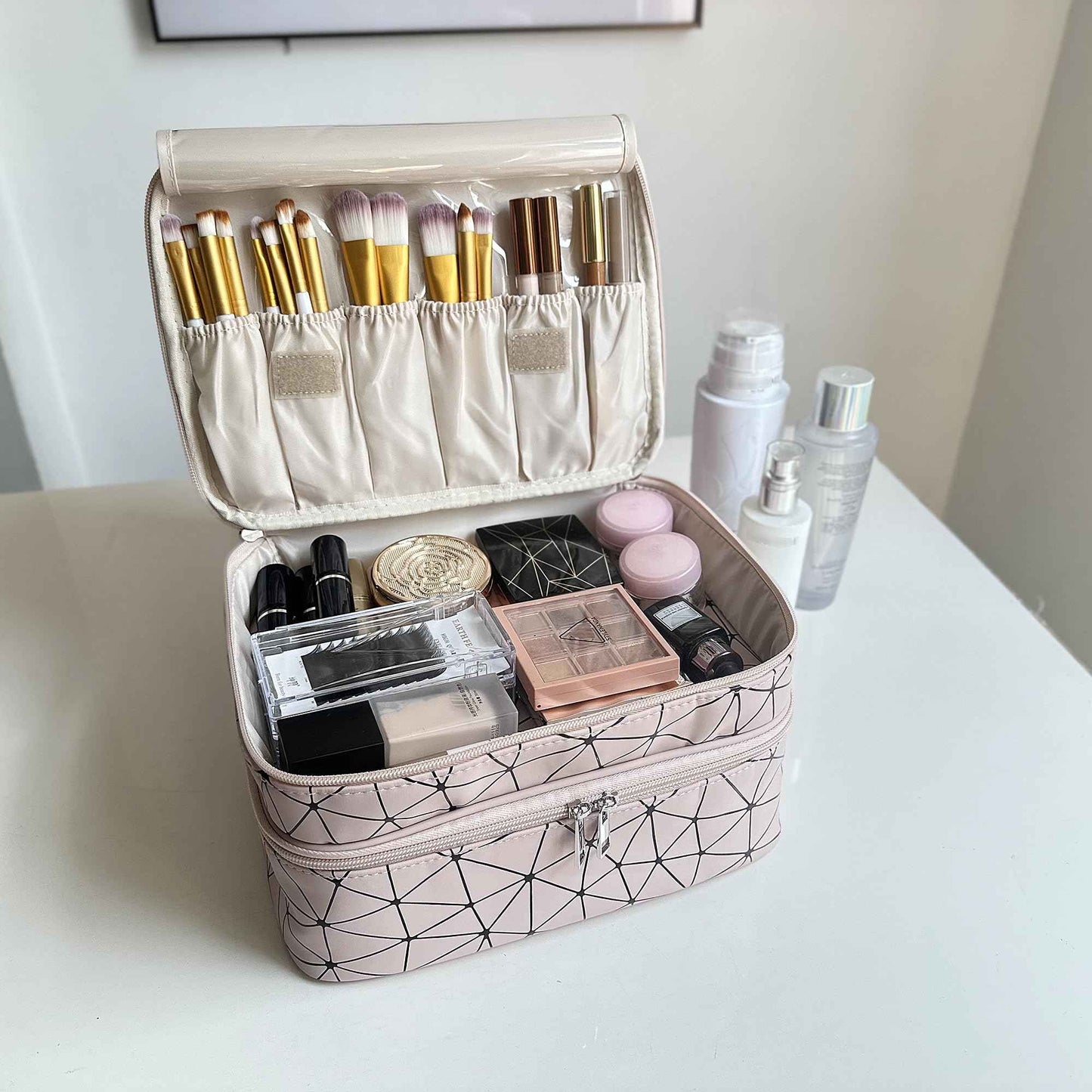 MKPCW makeup bag large Double-layer cosmetic bag with brush bag and divider (Pink+ three dividers)