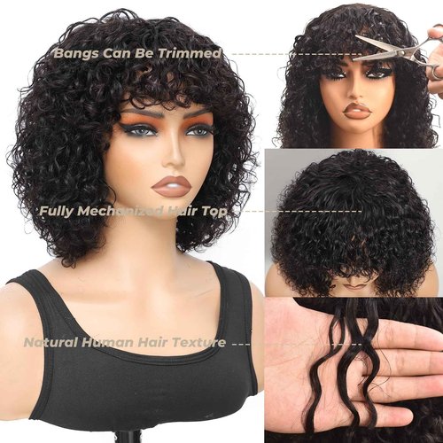 FREESHOW Short Curly Human Hair Wigs Curly Wig With Bangs Human Hair Glueless Curly Bob Wig Human Hair Short Wigs for Black Women 250% Density 10Inch Natural Black