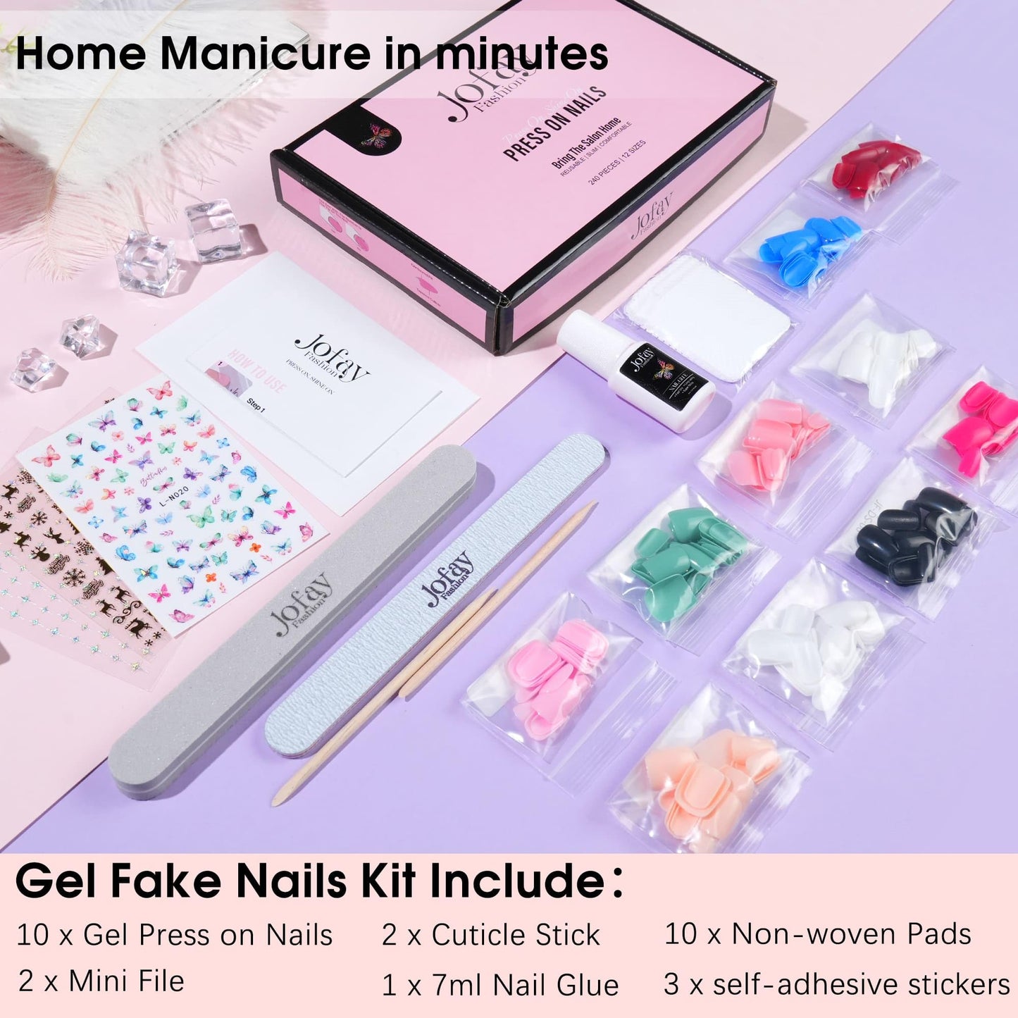 10 Packs Press On Nails Short Kit - 240Pcs Gel Fake Nails with Glue, Solid Color Full Cover glue on nails set, Acrylic nails press on, Artificial False Nails, Stick on nails for Women