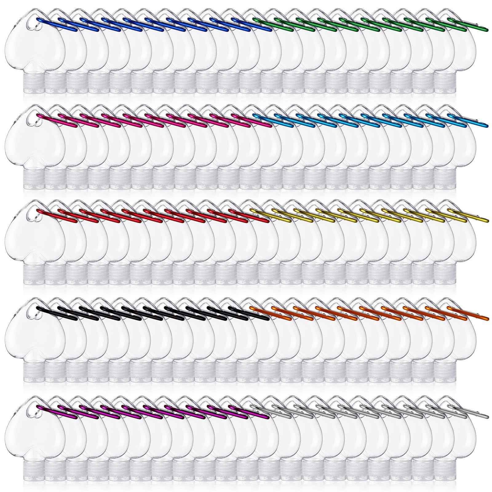 FairySandy 100 Pcs Traveling Bottles with Keychain 2oz Clear Keychain Bottle Plastic Empty Refillable Liquid Packing Container Squeeze Plastic with Lid for Liquid Cream (Heart)