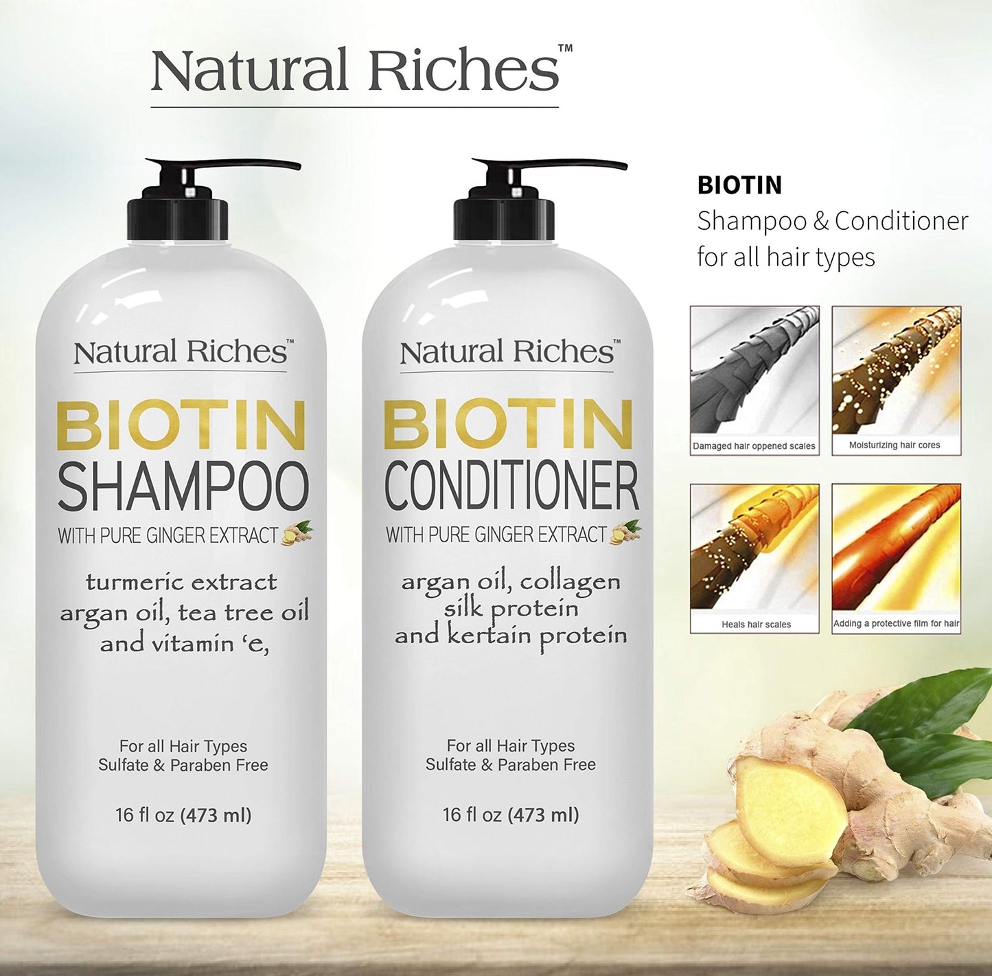 Natural Riches Biotin Shampoo and Conditioner Set W/Ginger Turmeric Extract & Keratin for Hair follicle Hair Loss and Thinning Hair gives Fuller Thicker Hair Sulfate free 2X16 fl oz.