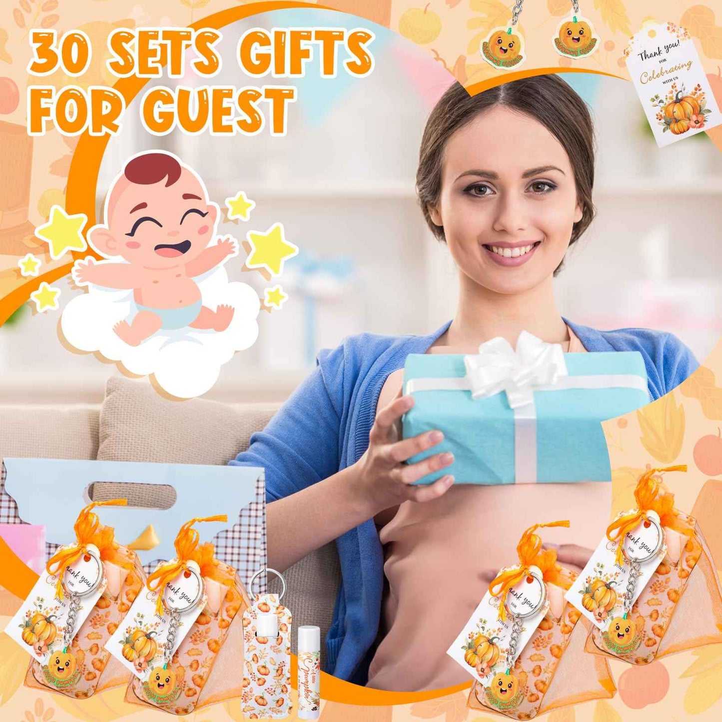 Swiffen 30 Sets Fall Pumpkin Baby Shower Favors Lip Balms Bulk Little Pumpkin Is on the Way Games Prizes Party Gifts for Guests Gender Reveal Favors Baby Shower Birthday Party Supplies(Orange)