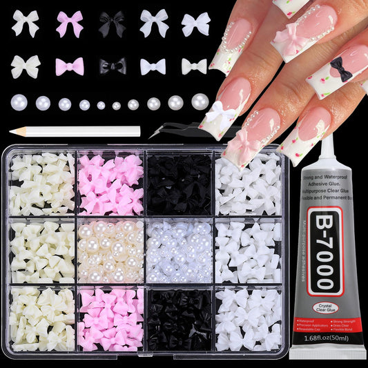 RODAKY Bow Nail Charms and Flatback Pearls with B7000 Glue,Pink Black 3D Cute Bowknot Nail Charms for Acrylic Nails Design,Resin White Acrylic Half Pearls Charms for Nail Art DIY Decoration