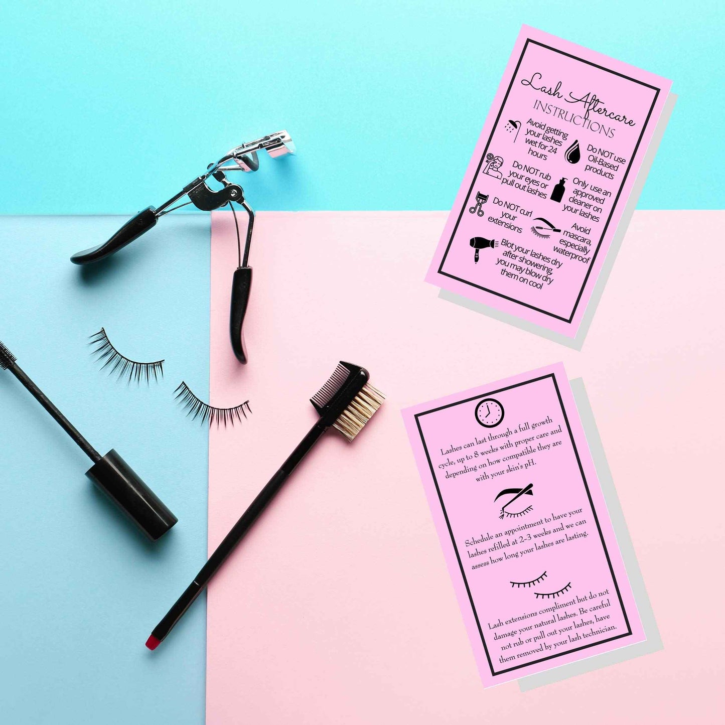 Lash Extension Aftercare Instructions Cards | Package of 250 | Double Sided Size 2x3.5" inches After Care (2-3 Week Fillers) | Bubblegum Pink with Eyelash Extension Aftercare Pictures