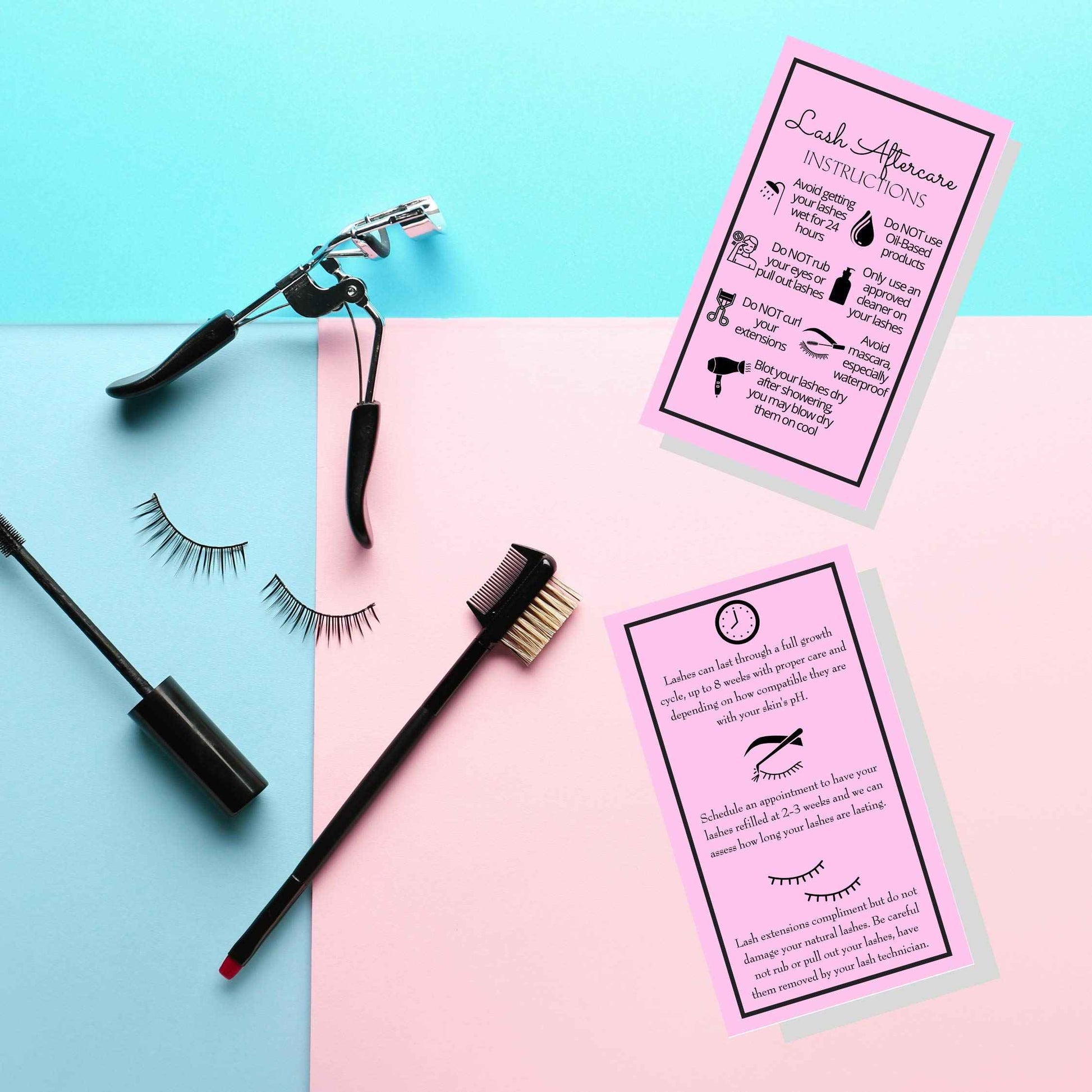 Lash Extension Aftercare Instructions Cards | Package of 250 | Double Sided Size 2x3.5" inches After Care (2-3 Week Fillers) | Bubblegum Pink with Eyelash Extension Aftercare Pictures