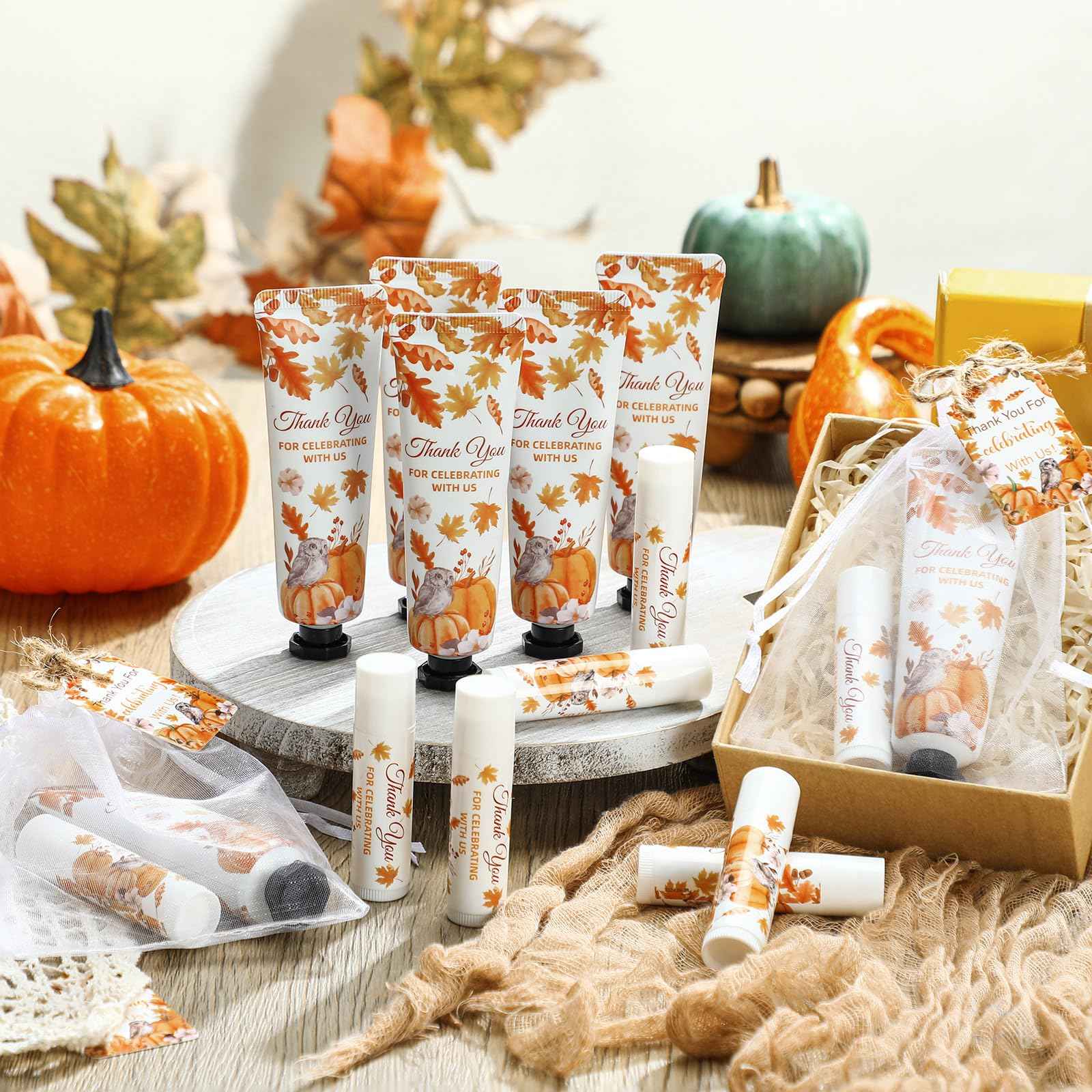 Swiffen 48 Sets 192 Pcs Thanksgiving Pumpkin Hand Cream and Lip Balm Fall Party Favors Gifts for Guests Pumpkin Bridal Baby Shower Wedding Party Favor with Thank You Card Organza Bags Travel Size