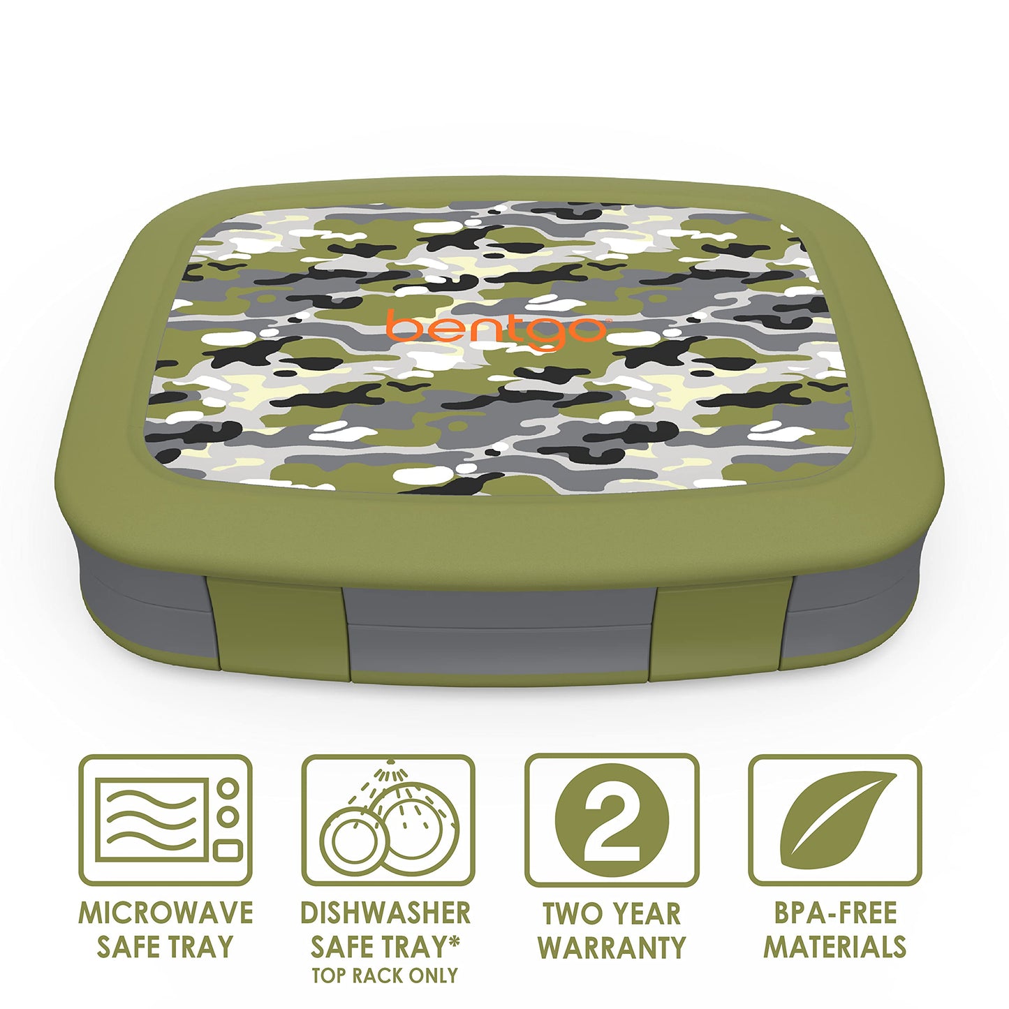 Bentgo Kids Prints Leak-Proof, 5-Compartment Bento-Style Kids Lunch Box - Ideal Portion Sizes for Ages 3 to 7 - BPA-Free, Dishwasher Safe, Food-Safe Materials (Camouflage)