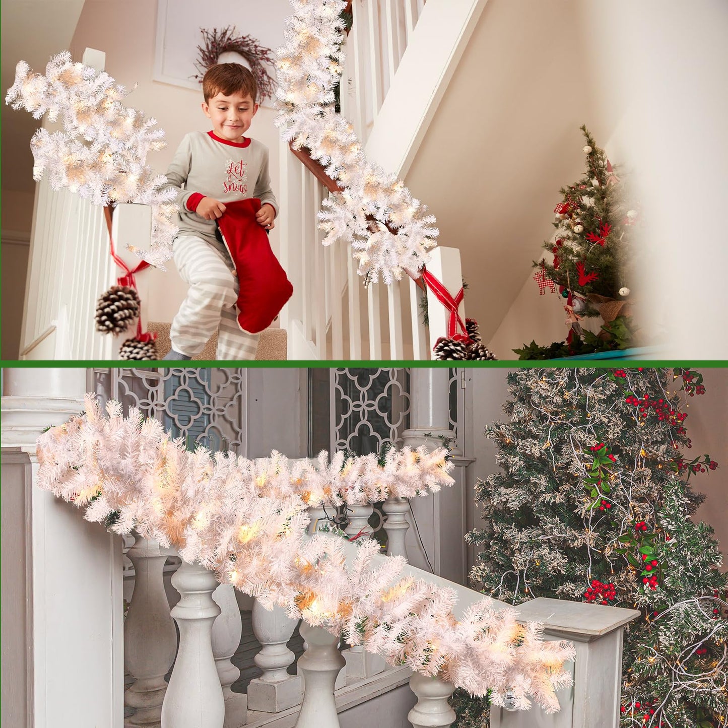 Hotop 9 ft Faux Spruce Artificial Christmas Garland LED Garland Warm Pine Prelit Battery Operated Lighted Garland for Seasonal Indoor Home Fireplace Mantle Tree Stair Decor (2 Pcs,White)