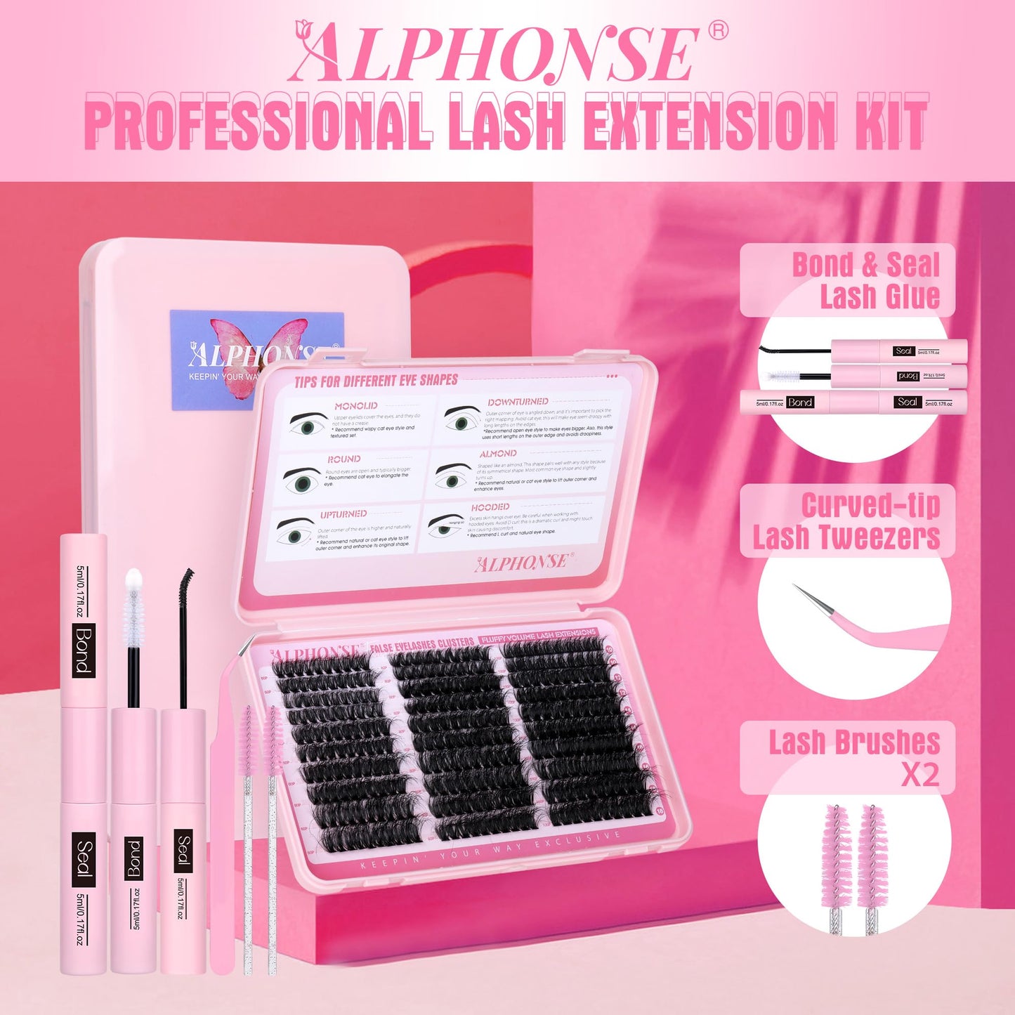 Fluffy Lash Clusters Kit 300pcs DIY Lash Extension Kit 60D+80D+100D Individual Lashes D Curl 10-18mm Cluster Eyelash Extensions Kit with Lash Bond and Seal and Tweezers by ALPHONSE