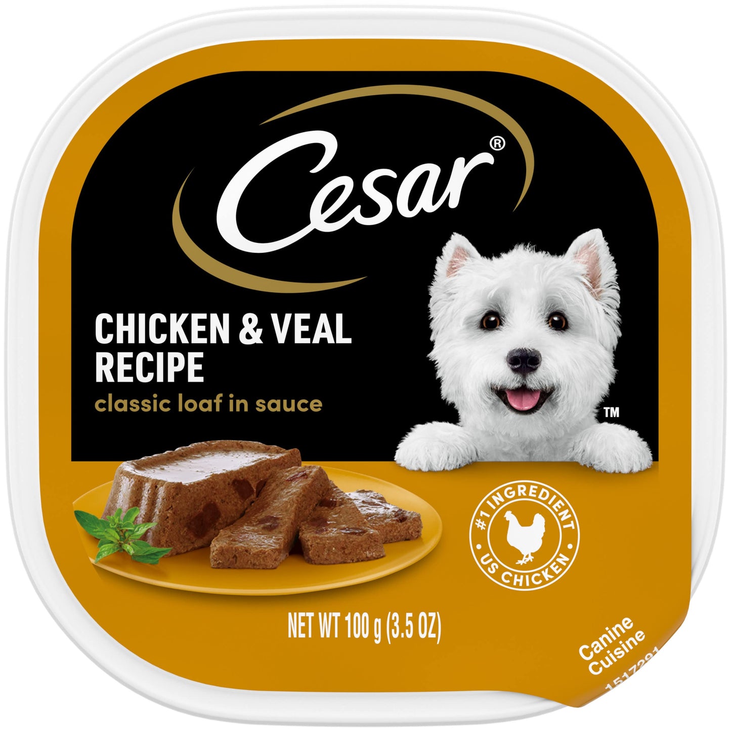 CESAR Wet Dog Food Classic Loaf in Sauce Chicken & Veal Recipe, 3.5 oz. Easy Peel Trays, Pack of 24