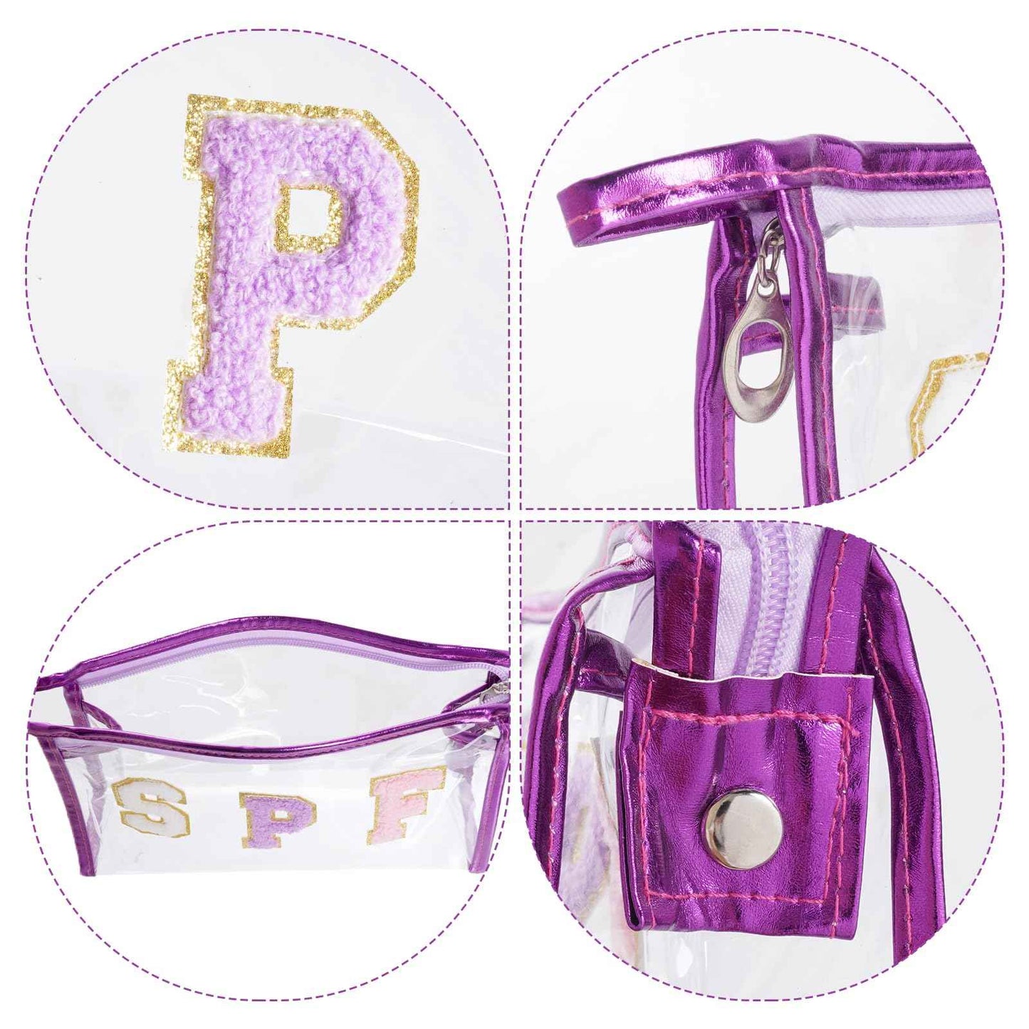 Hmxpls Clear Preppy Patch Makeup Bag, SPF Chenille Letter Bag for Beach, Clear Pouch with Zipper, Preppy Travel Bags Cosmetic Toiletry Bag for Women Girls Teens (Purple)