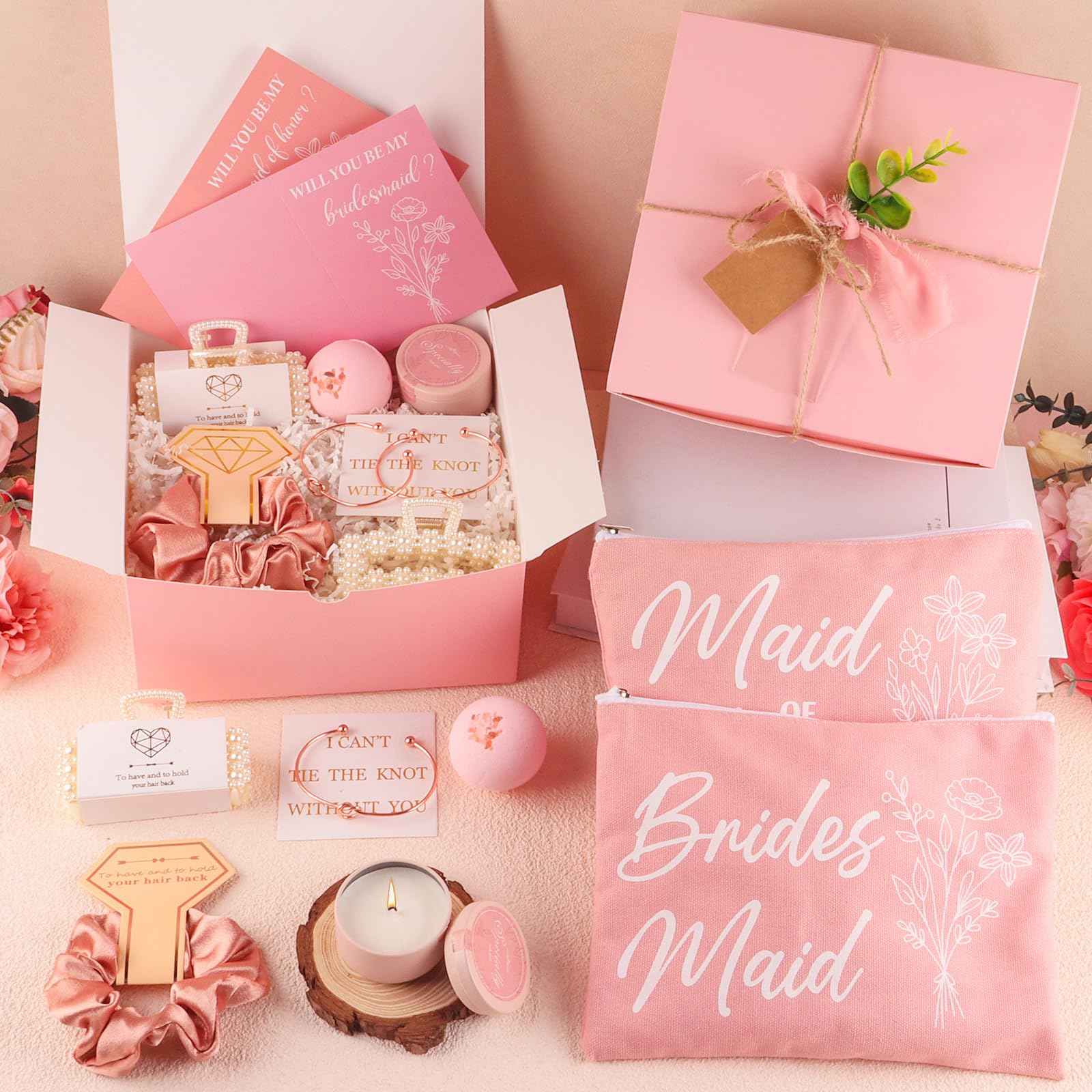 49pcs Bridesmaid Gifts Set Of 4 Pink， Maid of Honor Proposal Box Gift,Scented Candle Salt Ball Makeup Bag Rectangular Hair Clip Bridesmaids Scrunchies Knot Bracelet Bridal Shower Wedding Party
