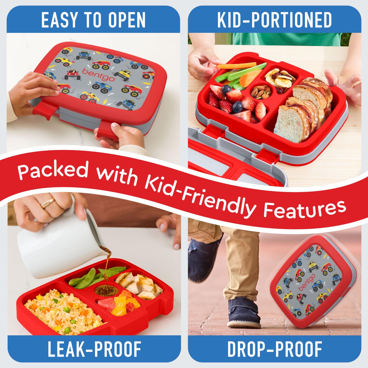 Bentgo Kids Prints Leak-Proof, 5-Compartment Bento-Style Kids Lunch Box - Ideal Portion Sizes for Ages 3-7, Durable, Drop-Proof, Dishwasher Safe, & Made with BPA-Free Materials (Trucks)