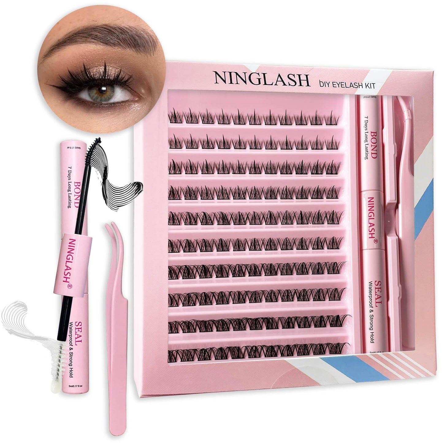 Lash Extension Kit 120 Pcs Lash Clusters with 7 Days Long Lasting Bond and Seal 8-16mm D Curl Wispy Eyelash Extension Kit at Home Lash Tweezers for Lash Clusters