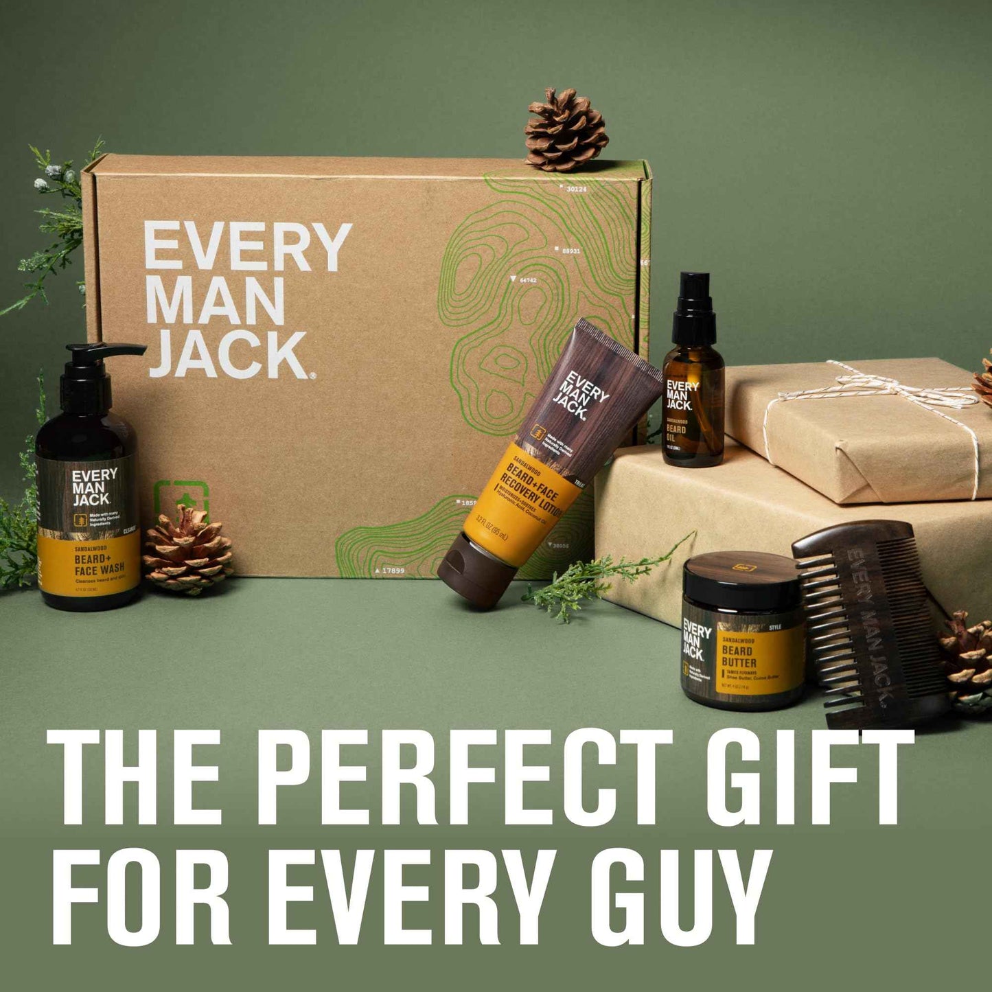 Every Man Jack Beard Essentials Gift Set for Men – Complete Routine with 5 Full-Size Products – Sandalwood Scent - Beard & Face Wash, Lotion, Oil, Butter & Comb