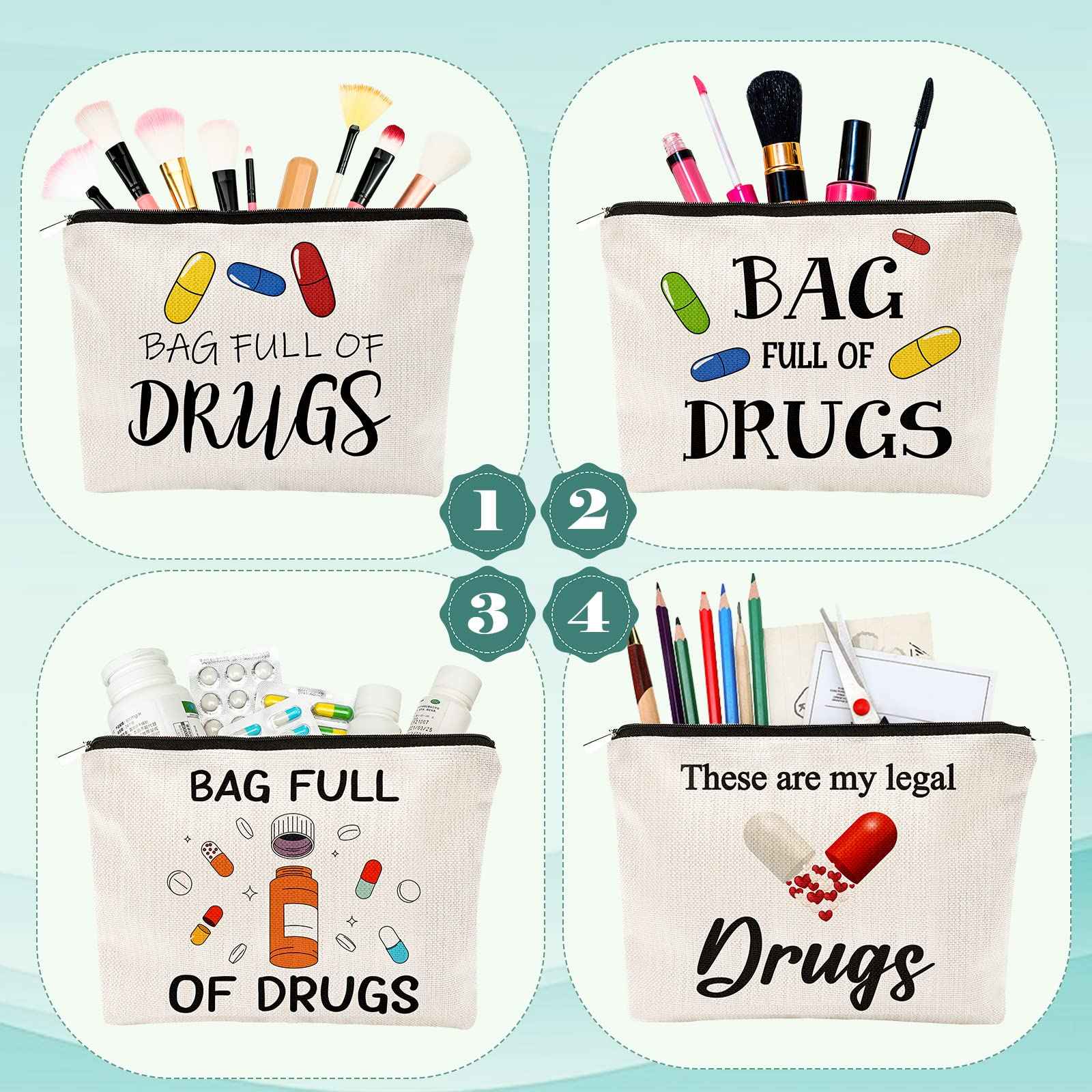 Hillban 4 Pcs Funny Medicine Bag Nurse Practitioner Gifts for Women Medicine Storage Pill Bag Travel Makeup Cosmetic Medication Bag Cute Zipper Pouch for Teens Patient Birthday Gifts