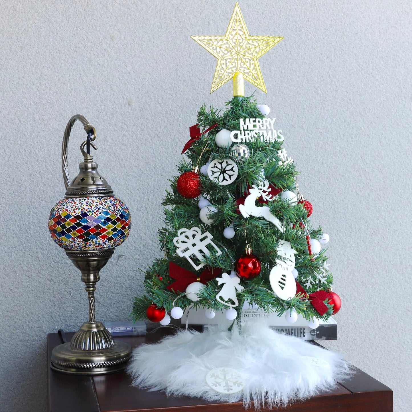 2ft Mini Tabletop Christmas Tree, Artificial Small Christmas Tree with Battery Operated Lights, Ornaments and Storage Bag, Mini Xmas Tree for Christmas Home Decorations