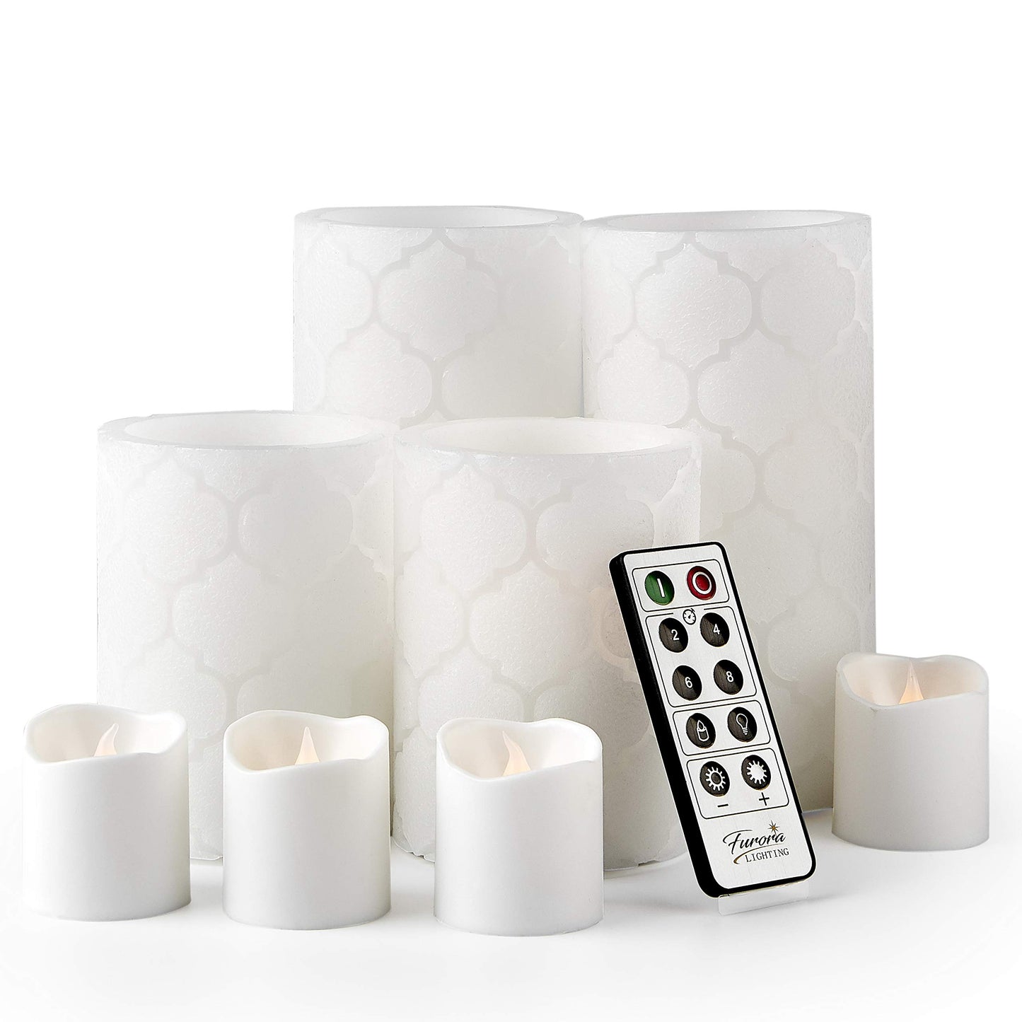 FURORA LIGHTING LED Flameless Candles with Remote Control, Set of 8, Real Wax Battery Operated Pillars and Votives LED Candles with Flickering Flame and Timer Featured - White Nordic Collection