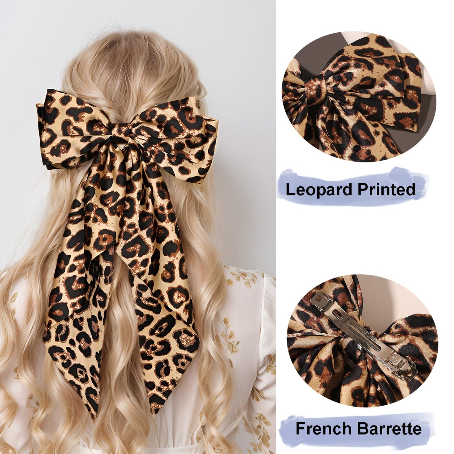 Hair Bows for Women Big Bow Hair Clips with Long Tail Hair Ribbon Satin Leopard Hair Bow Barrette for Women and Girls Ponytail Hair Accessories, Pack of 1 (Camel)