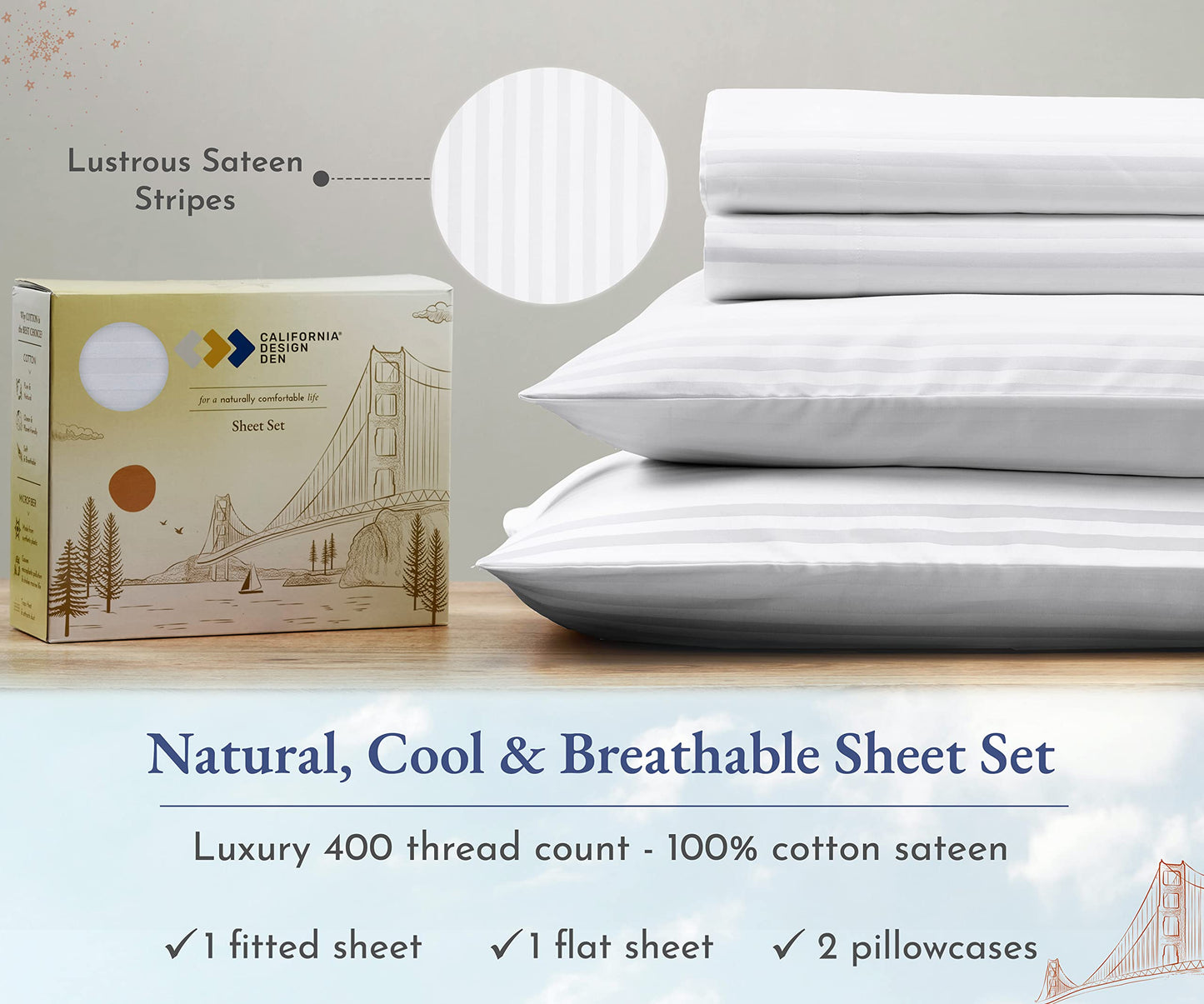 California Design Den Striped Sheets for Full Size Bed, Soft 100% Cotton Sheets, Luxury 400 Thread Count Sateen, 4 Piece Deep Pocket Cooling Sheets Set (White Sheets)