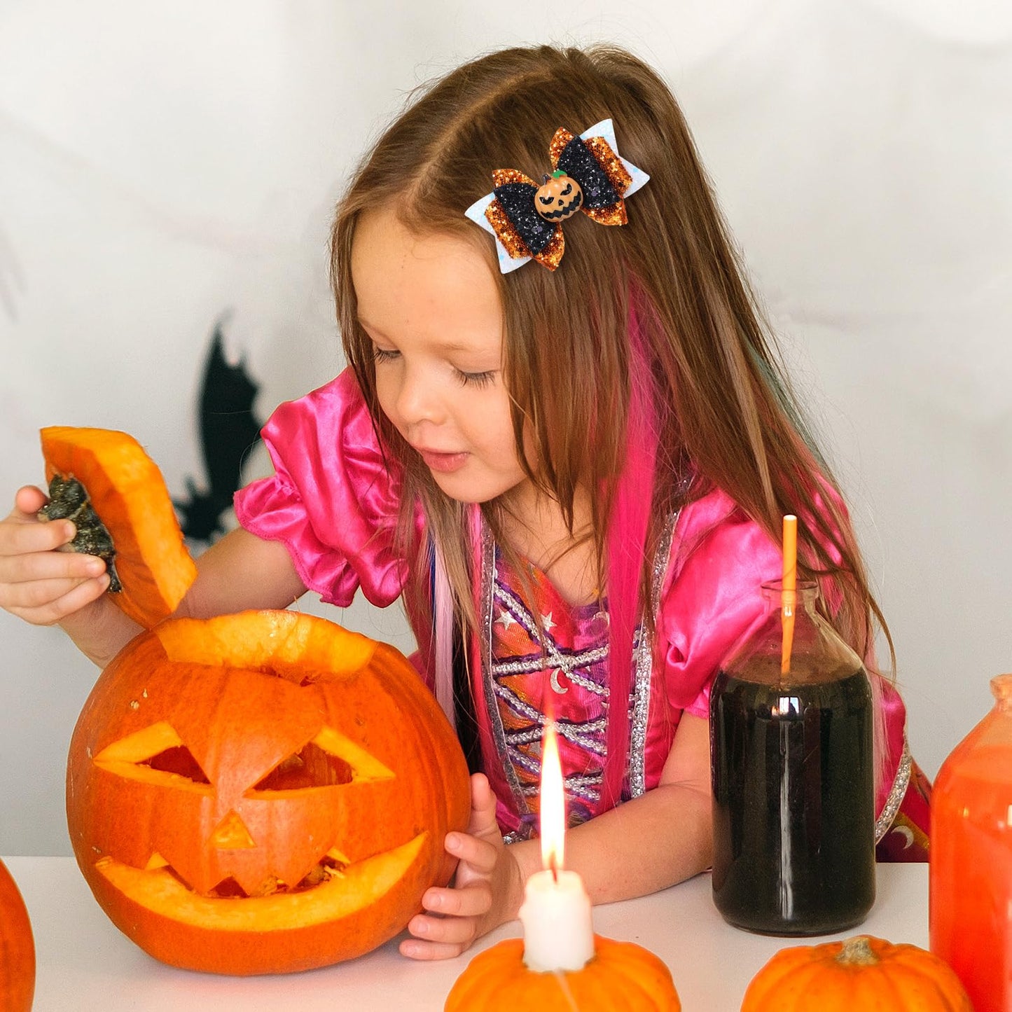 Halloween Pumpkin Hair Bow Clips Girls Cute Glitter Hair Clips 3 Layers Sparkly Hair Accessories for Halloween Party, White & Orange & Black