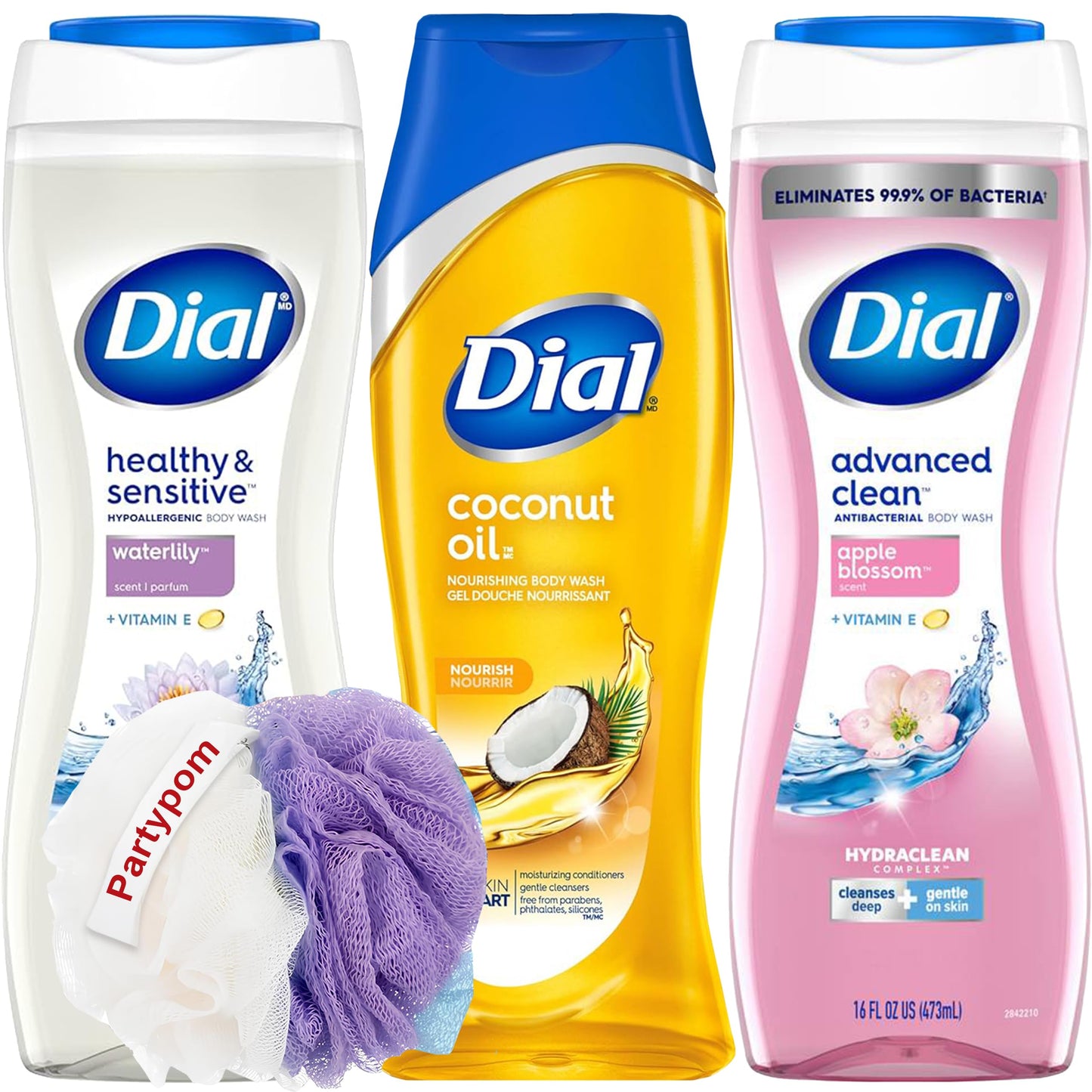 Dial Body Wash Variety Set of 3, Waterlily, Apple Blossom, and Coconut Oil Scents, 16 Oz Each Plus Bonus Party-pom Pouf