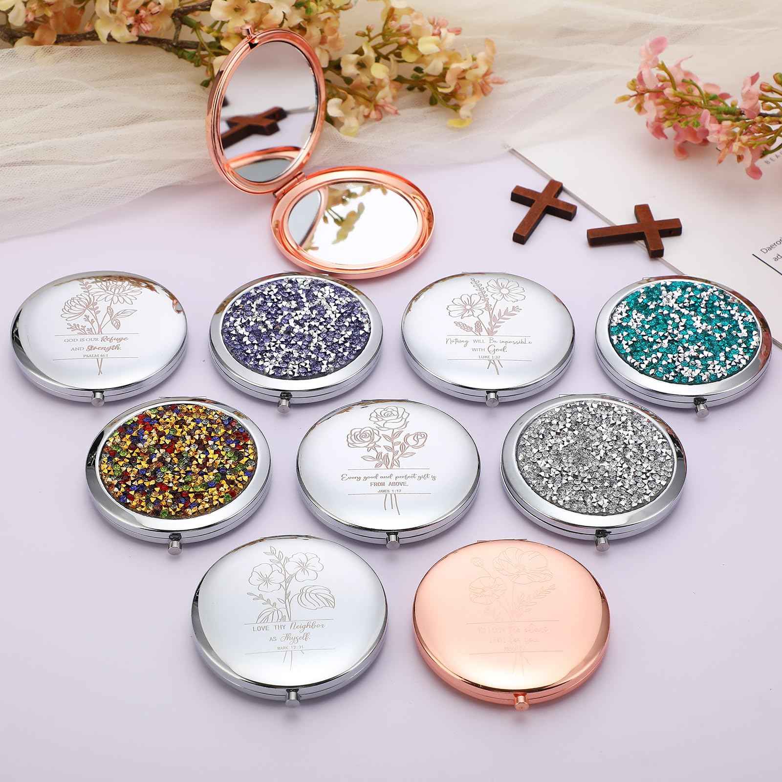 Weysat 10 Pcs Christian Compact Mirror Gifts for Women Bible Verse Metal Round Pocket Makeup Mirrors Bulk Christmas Inspirational Religious Church Party Favors for Women Nurse(Rose Gold, Silver)