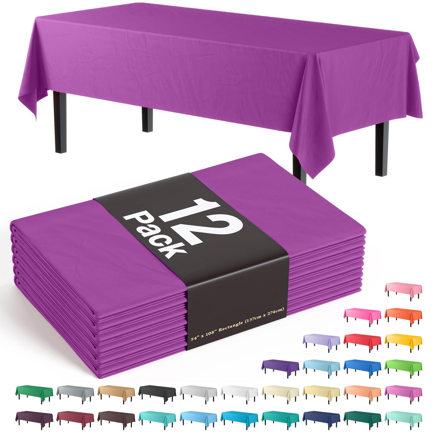 Exquisite 12-Pack Premium Plastic Tablecloth 54in. x 108in. Rectangle Table Cover - Magenta