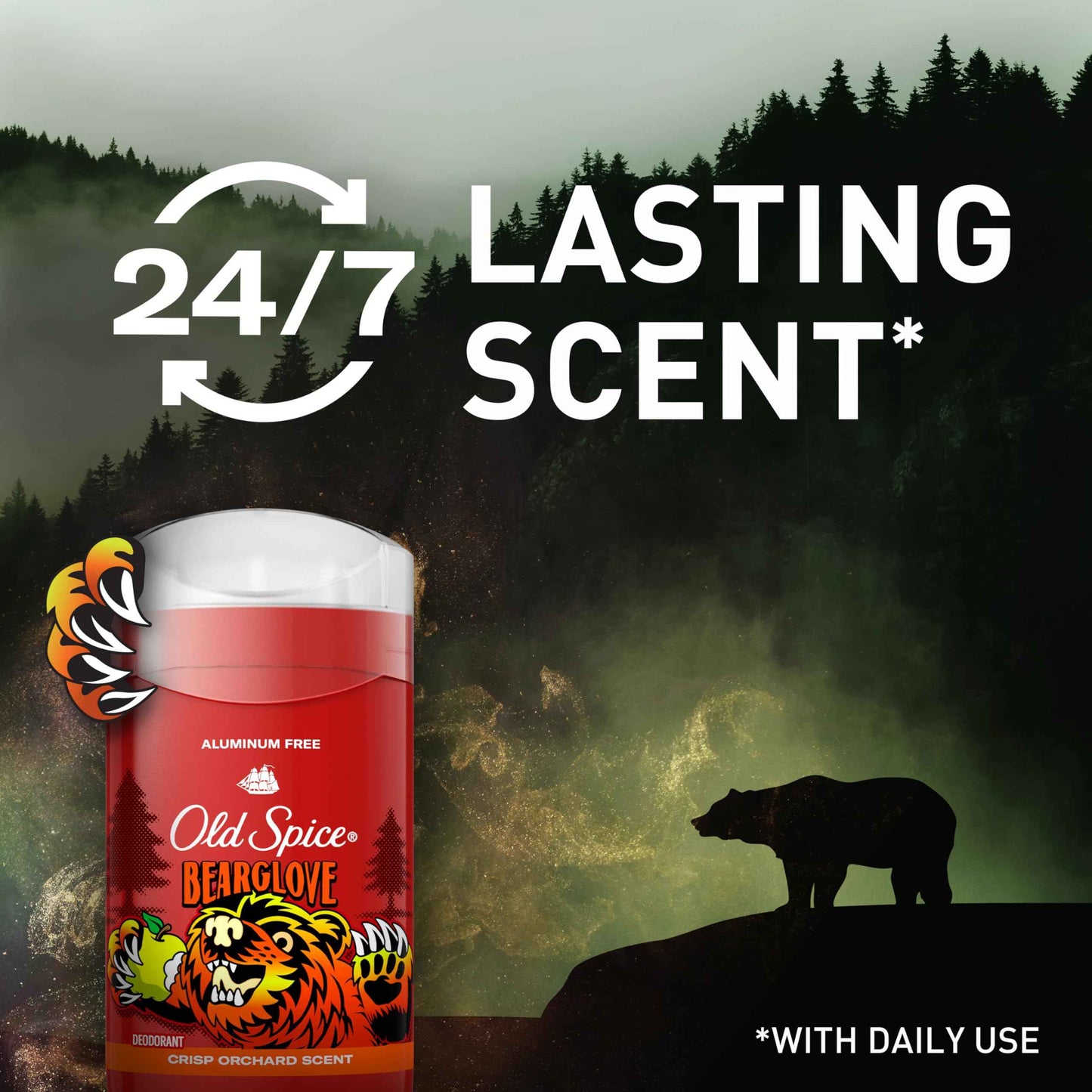 Old Spice Aluminum Free Deodorant for Men, 24/7 Odor Protection, 24/7 Freshness & Lasting Scent, Goes on Clear, Bearglove with Crisp Orchard Scent, 3.0 oz (Pack of 3)