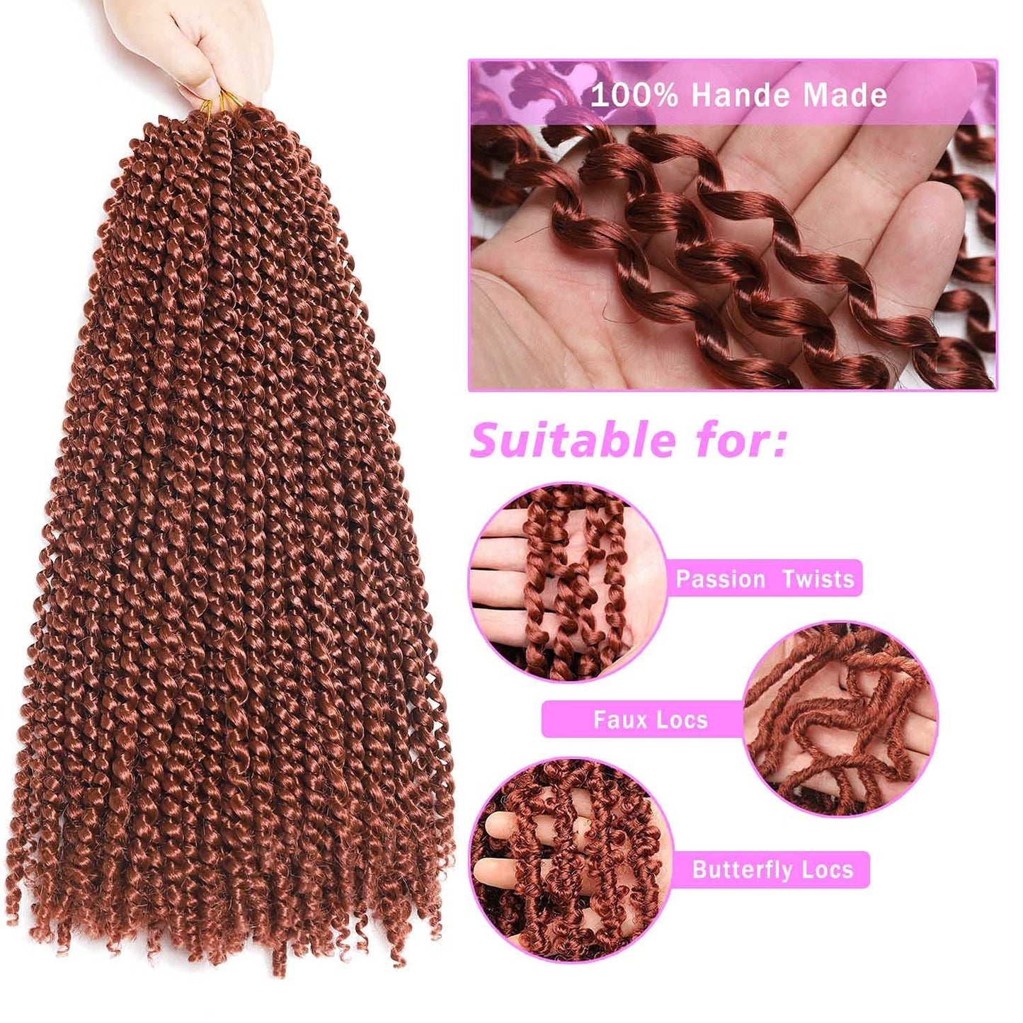 Passion Twist Hair 18Inch 6Packs Water Wave Crochet Hair Copper Red Passion Twists Braiding Hair Long Bohemian Braids Hair Synthetic Extensions (18Inch, 350#)