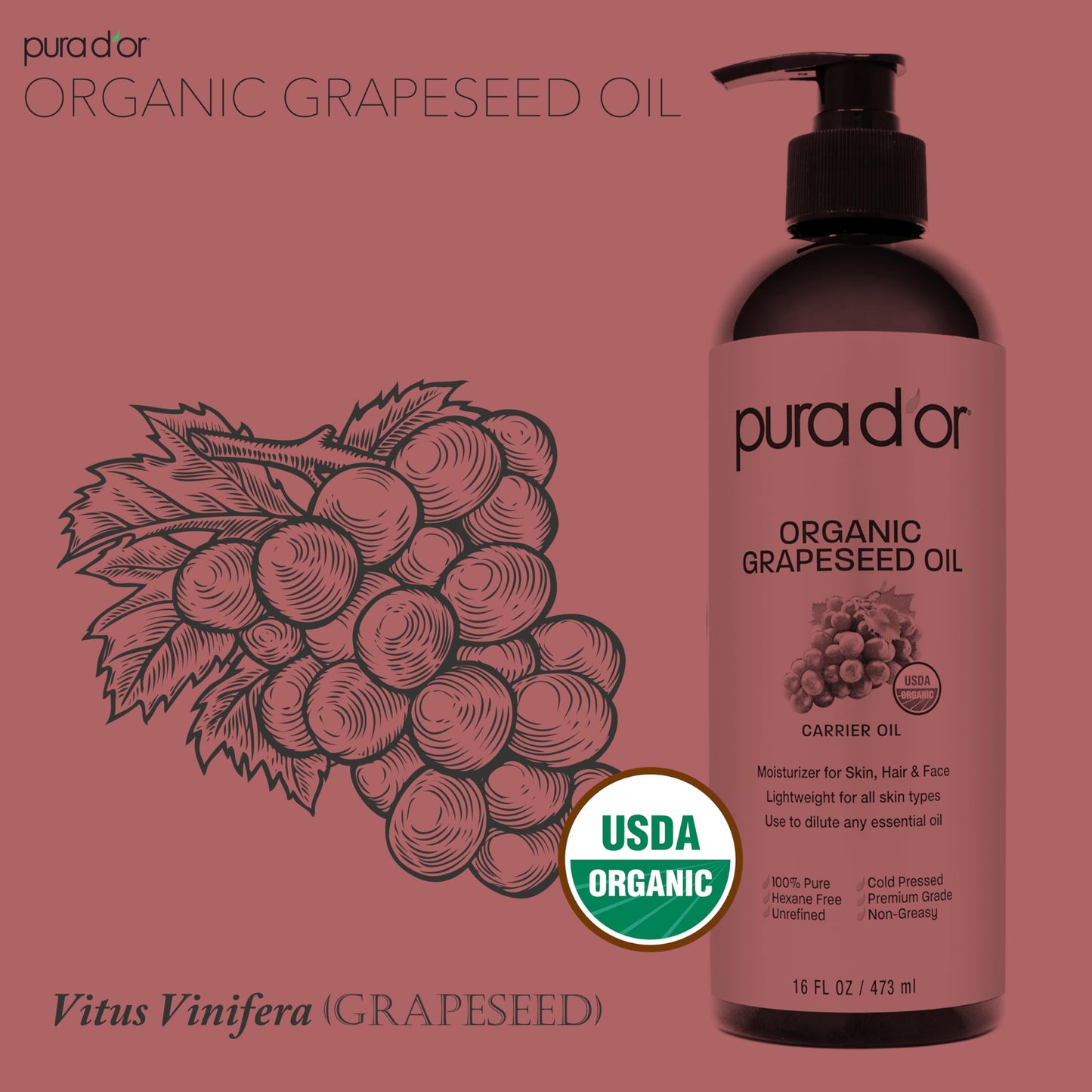 PURA D'OR 16 Oz Organic Grapeseed Oil - 100% Pure & Natural USDA Certified Cold Pressed Carrier Oil - Light & Silky, Unscented, Hexane Free Liquid Moisturizer - Face Skin & Hair - Men & Women