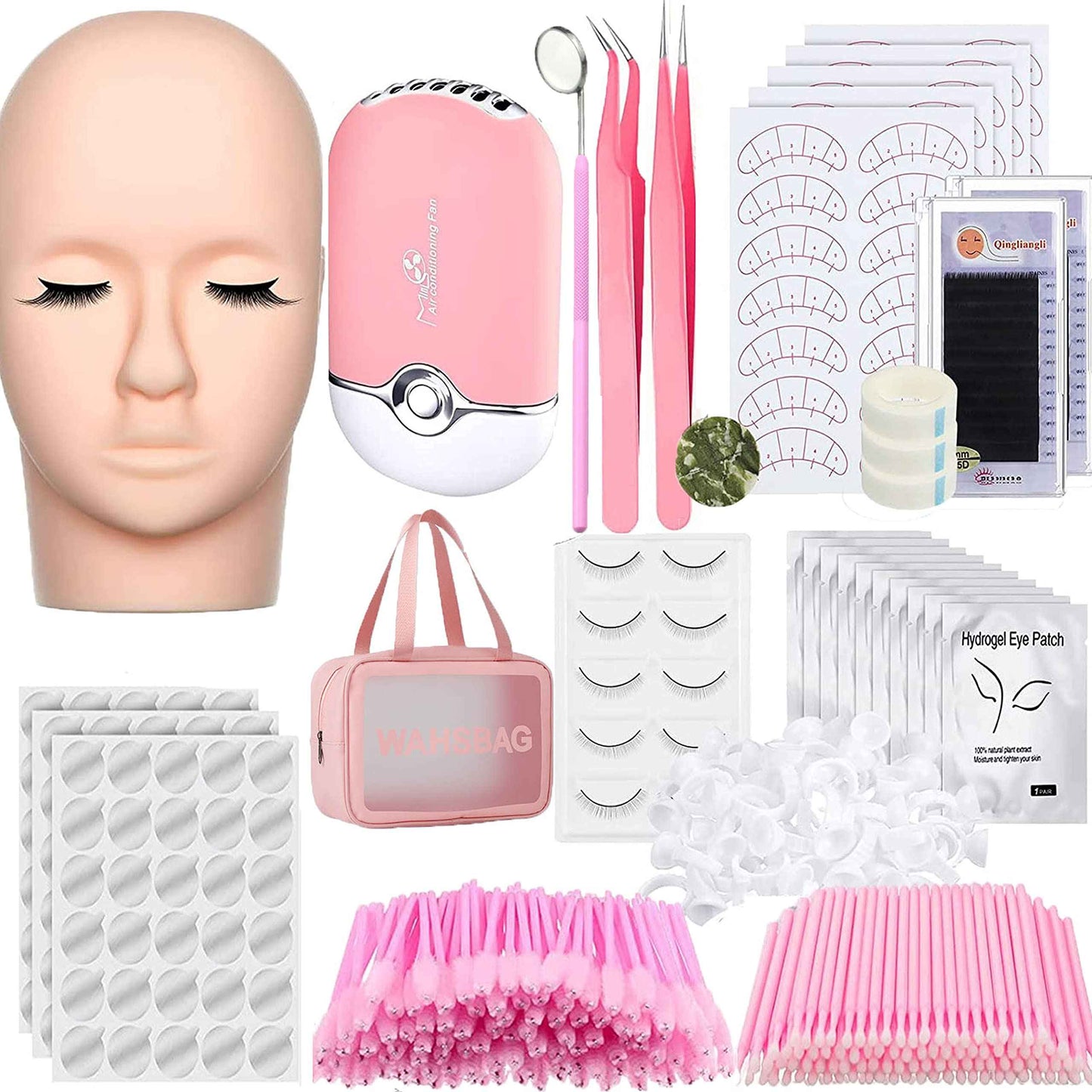 Eyelash Practice Kit Lash Kit for Eyelash Extension USB Air Conditioning Blower False Eyelash Mannequin Head Eye Lash Extension Kit Permanet for Beginner Makeup Training (Pink Set)