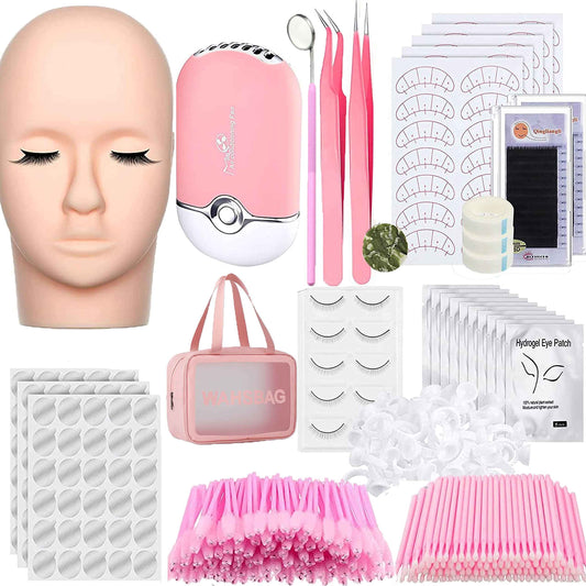 Eyelash Practice Kit Lash Kit for Eyelash Extension USB Air Conditioning Blower False Eyelash Mannequin Head Eye Lash Extension Kit Permanet for Beginner Makeup Training (Pink Set)