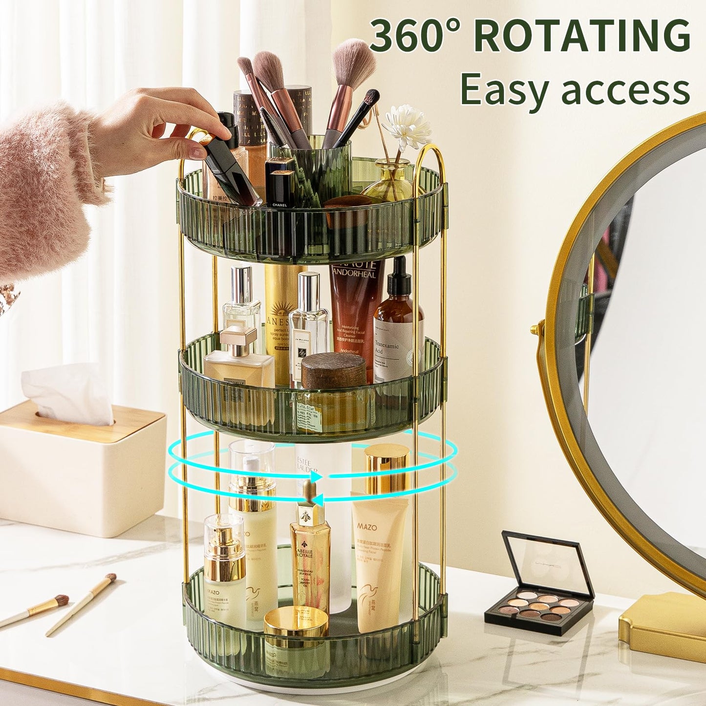 360° Rotating Makeup Organizer, Large-Capacity Skincare Make Up Storage 3 Tier Perfume Organizers Cosmetic Dresser Organizer with Makeup Brush Holder, Fits Bedroom, Bathroom, Vanity Shelf Countertop