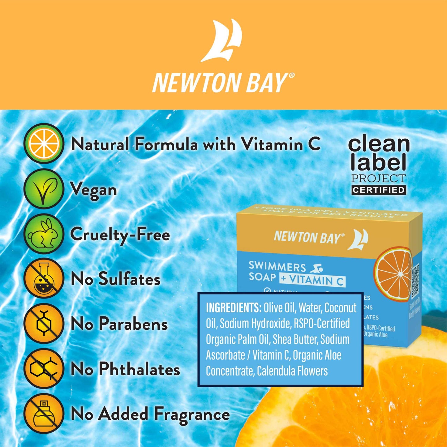 Newton Bay Swimmers Soap + Vitamin C | All Natural Body and Face Wash Soap Bar | Neutralizes and Washes Away Chlorine After Swimming | Revitalizes Sensitive Skin | 5-Pack of 4 Ounce Soap Bars