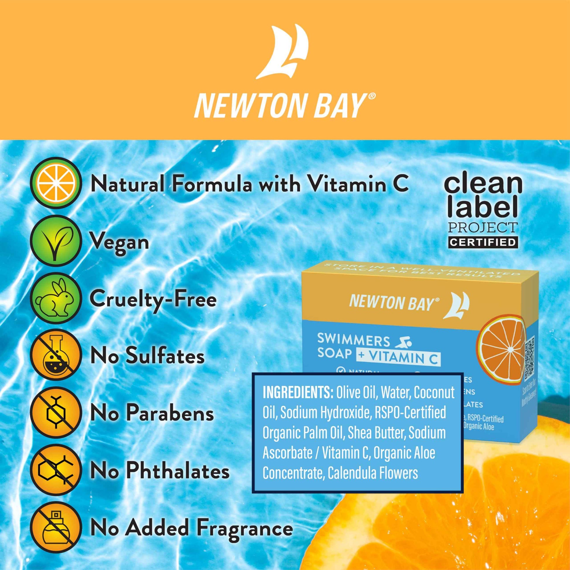 Newton Bay Swimmers Soap + Vitamin C | All Natural Body and Face Wash Soap Bar | Neutralizes and Washes Away Chlorine After Swimming | Revitalizes Sensitive Skin | 5-Pack of 4 Ounce Soap Bars
