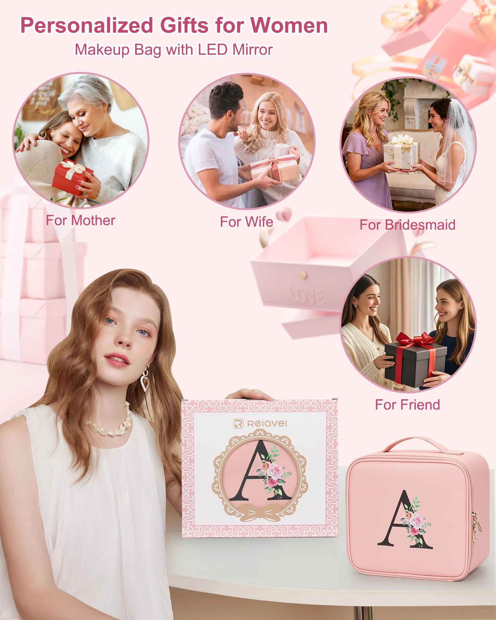 Relavel Initial Makeup Bag with LED Mirror for Women Girls, Personalized Travel Cosmetic Organizer Train Case, Birthday Gifts for Grandkids Bridesmaid Graduation Teacher Friends, Trendy Stuff, Pink A