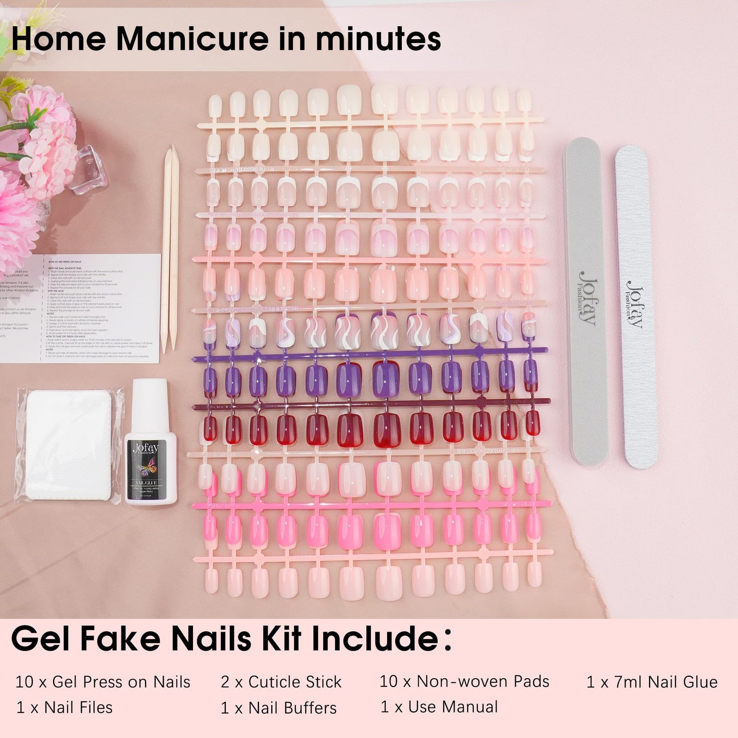 Jofay Fashion 240Pcs Nails Tips Press On Nails Short Kit - Acrylic Fake Nails with Glue, Classic Solid & French tips Designs, Artificial False Nails, Stick on nails, Salon Like Finger Nail Art