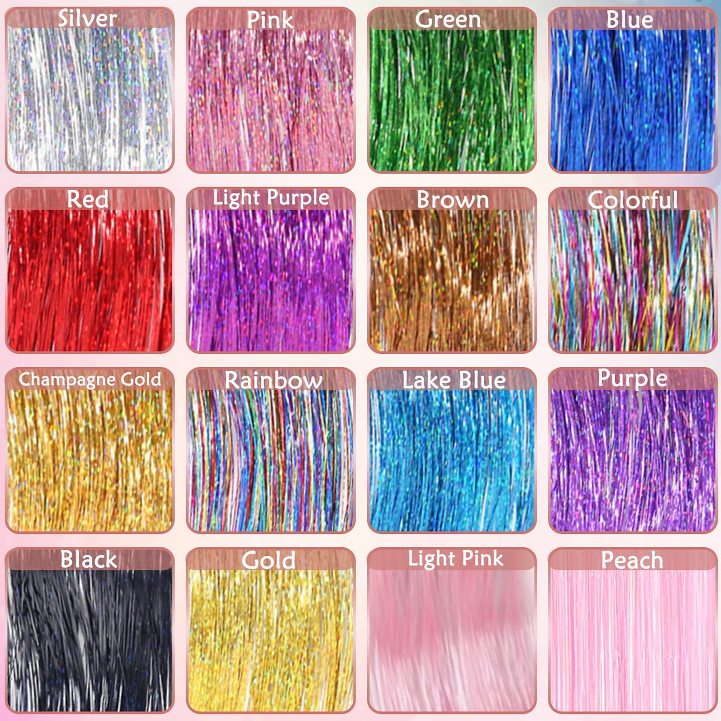 48 Inch Glitter Hair Tinsel Extensions Kit (16 Colors, 4800 Strands) With Tools - Heat Resistant Fairy Hair Accessories for Women, Girls, Kids