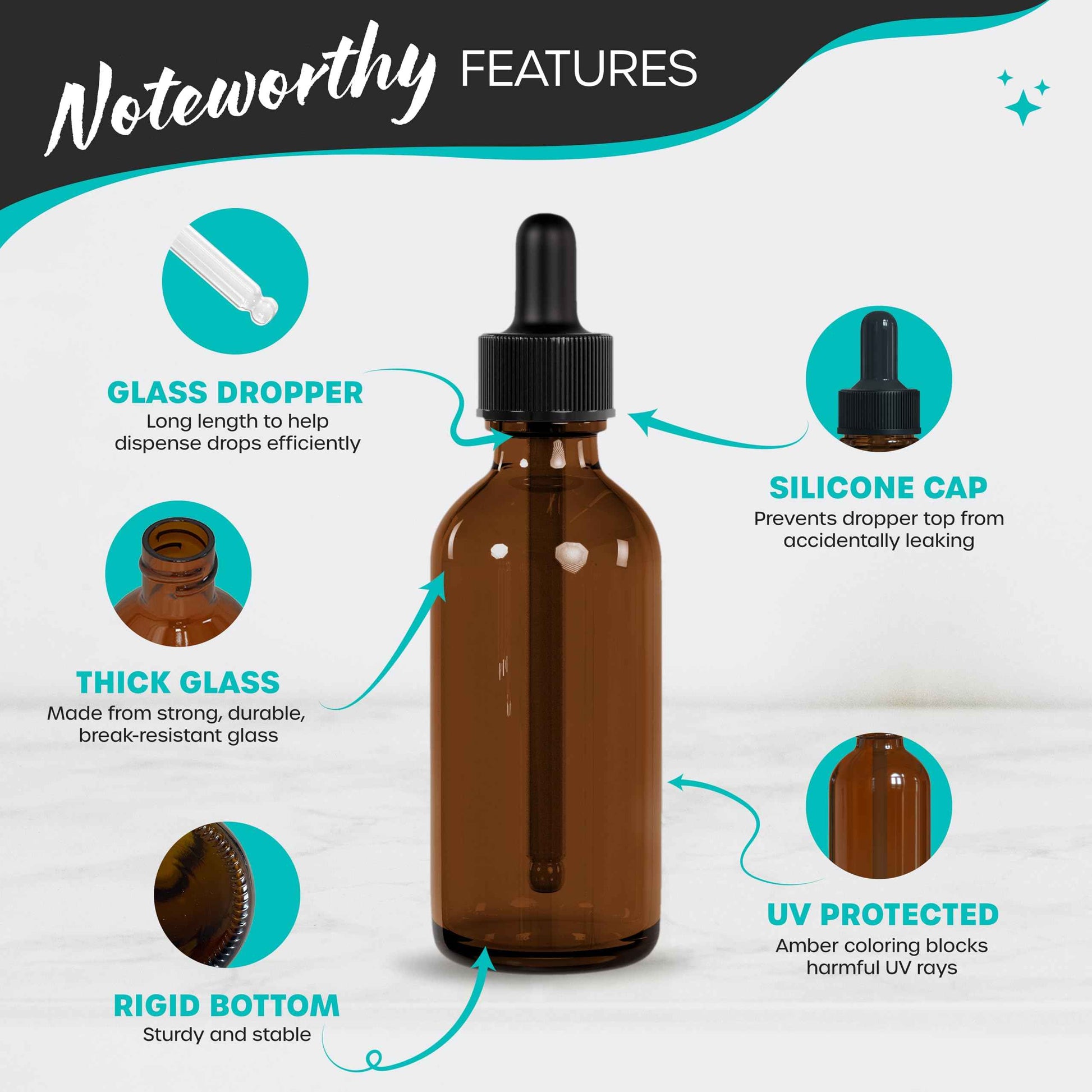 Nevlers 2 Oz Amber Glass Dropper Bottle 3 Pack | Leakproof Amber Glass Dropper Bottles with Shrink Wrap and Funnel | Oil Bottles for Essential Oils, Hair Oil, Medicine & More