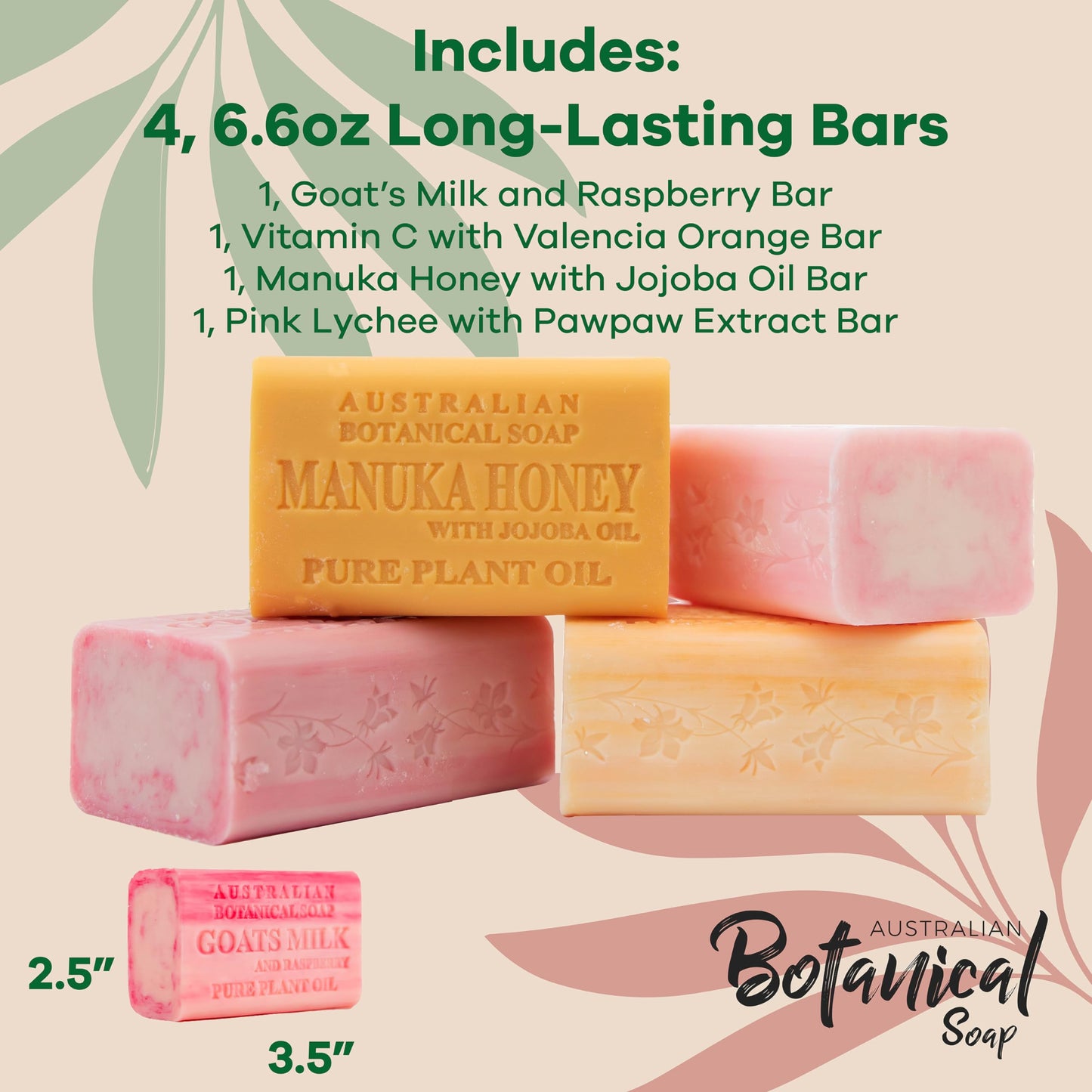 Australian Botanical Soap, Goats Milk with Raspberry, Manuka Honey, Pink Lychee, Valencia Orange 6.6 oz. (187 g) Soap Bars | Natural Soap Base | Shea Butter Enriched Bar Soap - Sweet Fruity Pack of 4