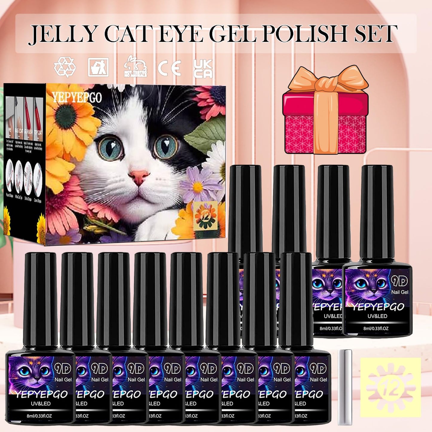 YEPYEPGO Magnetic Cat Eye Gel Nail Polish Set, 12 Colors Jelly Cat Eye Gel Polish with Magnet, 9D Cateye Gel Holographic Effects Professional Use for Salon- Set