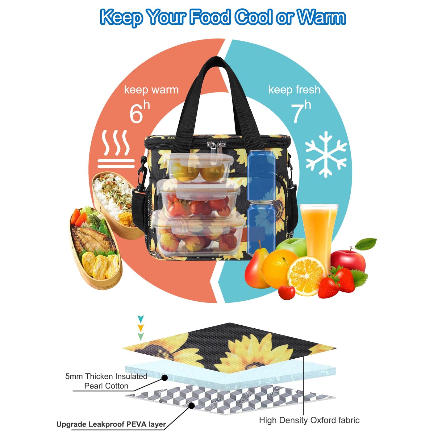 Femuar Lunch Bags for Women/Men, Insulated Lunch Bag for Work Office - Lunch Cooler Bag Leakproof Lunch Box with Adjustable Shoulder Strap - Sunflower