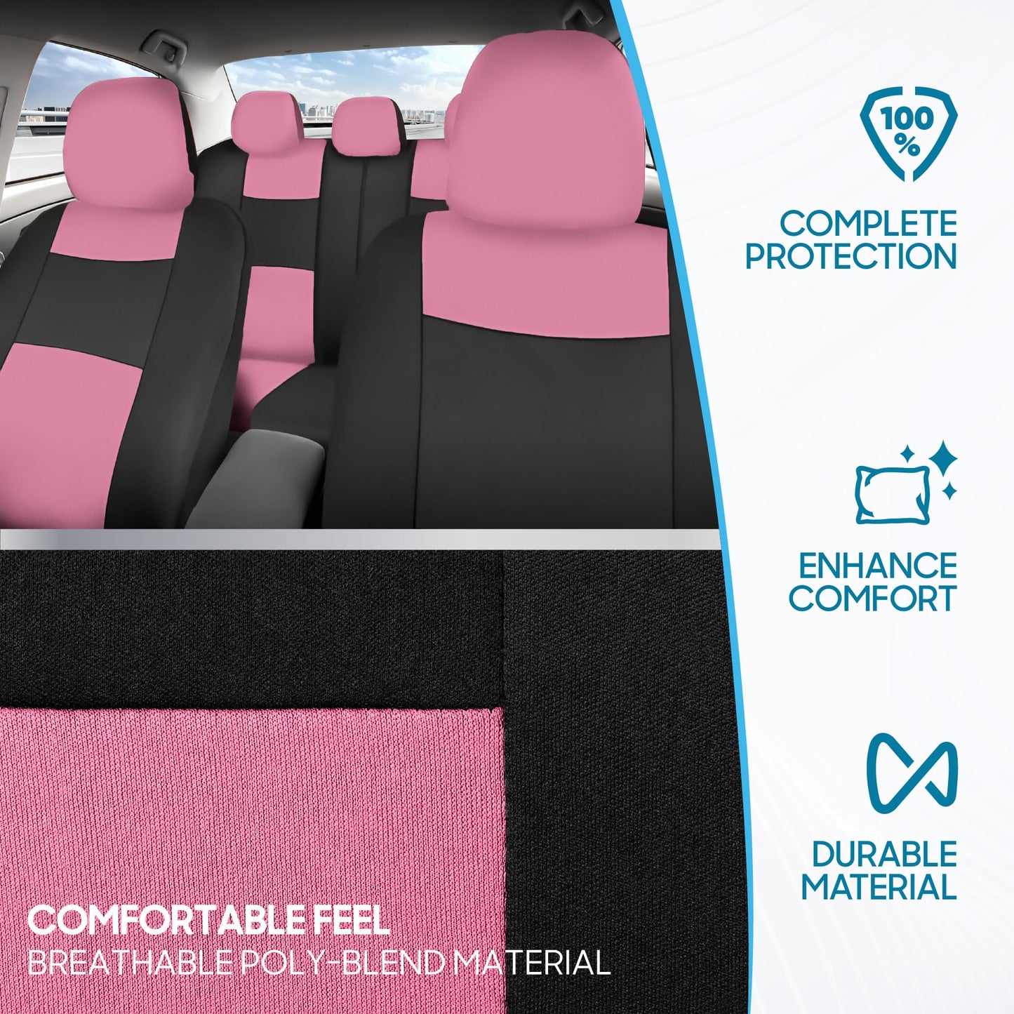 BDK PolyPro Car Seat Covers Full Set in Pink on Black – Front and Rear Split Bench for Cars, Easy to Install Cover Set, Accessories Auto Trucks Van SUV