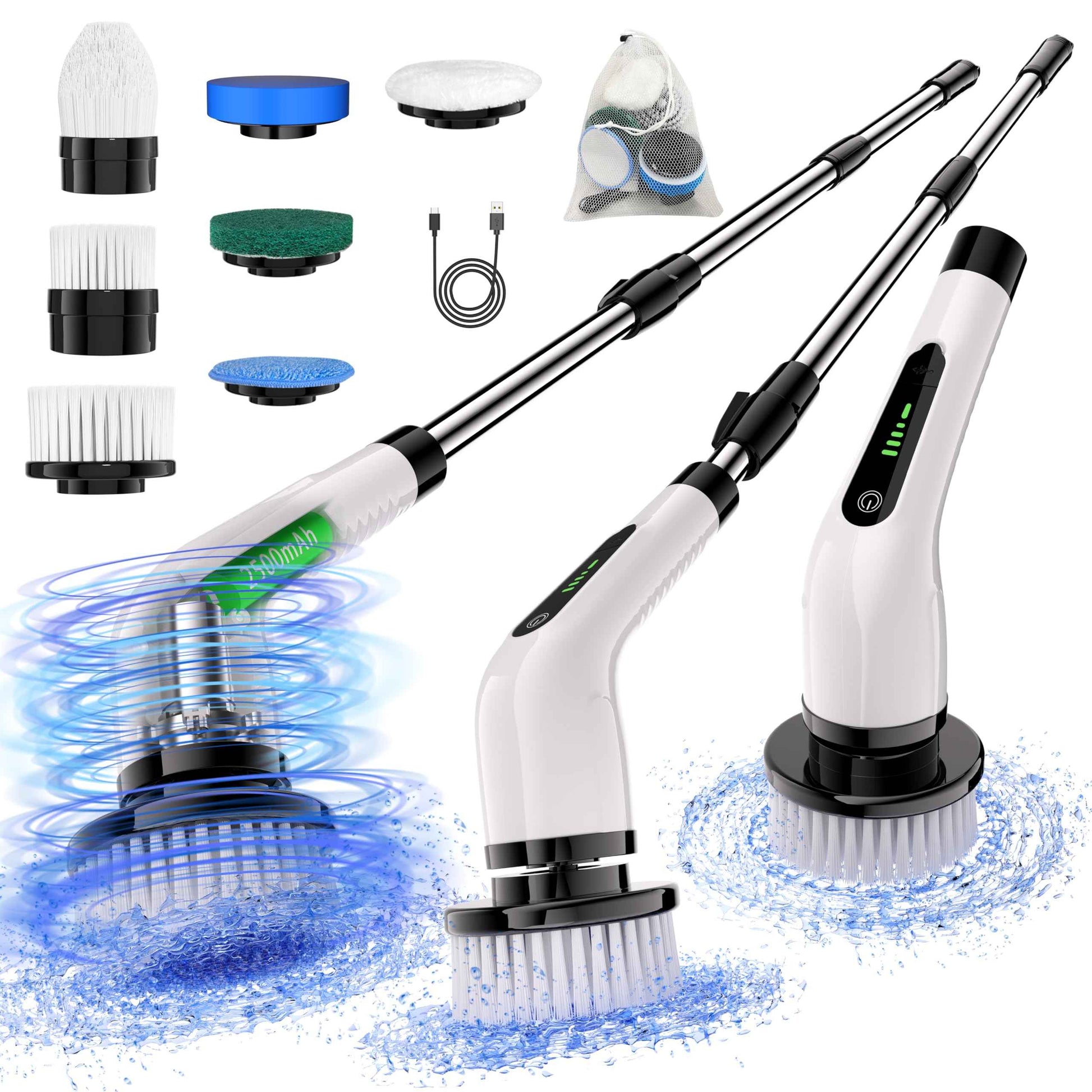 Electric Spin Scrubber Cordless Full Body Waterproof Cleaning Brush with Displaying Battery Level, 7 Replaceable Heads, Dual Speed, and Detachable Telescopic Handle for Kitchen Living Room Bathroom