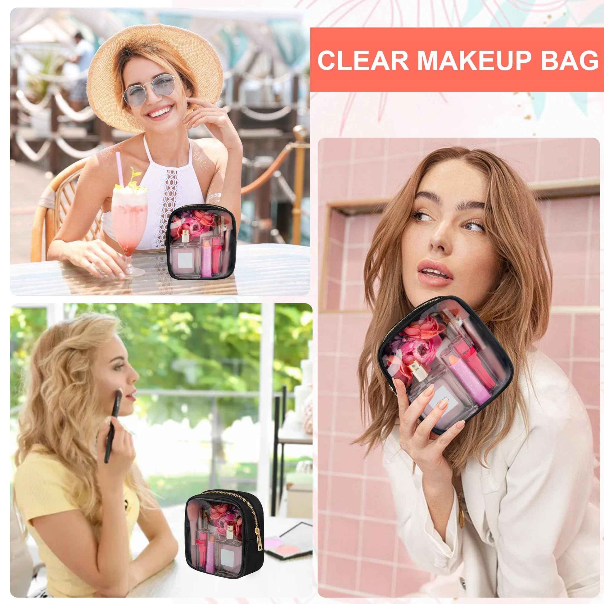 Ebbniur Clear Makeup Bag for Purse 2 Pcs Small Nylon Zipper Pouch Mini Travel Cosmetic Bag Clear Toiletry Bags for Traveling Cute Makeup Organizer for Women (2pcs black clear)
