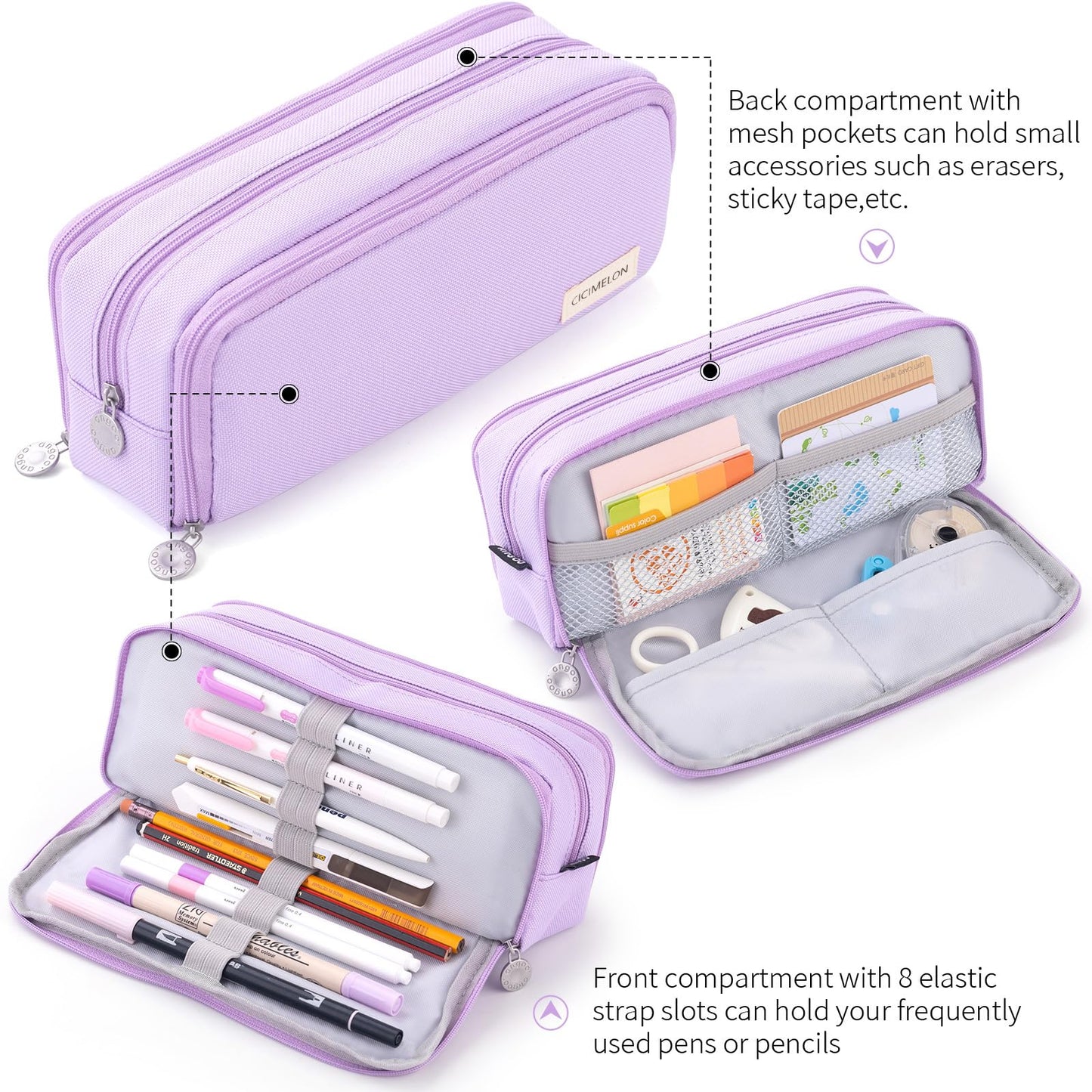 CICIMELON Large Capacity Pencil Case 3 Compartment Pouch Pen Bag for School Teen Girl Boy Men Women (Purple)