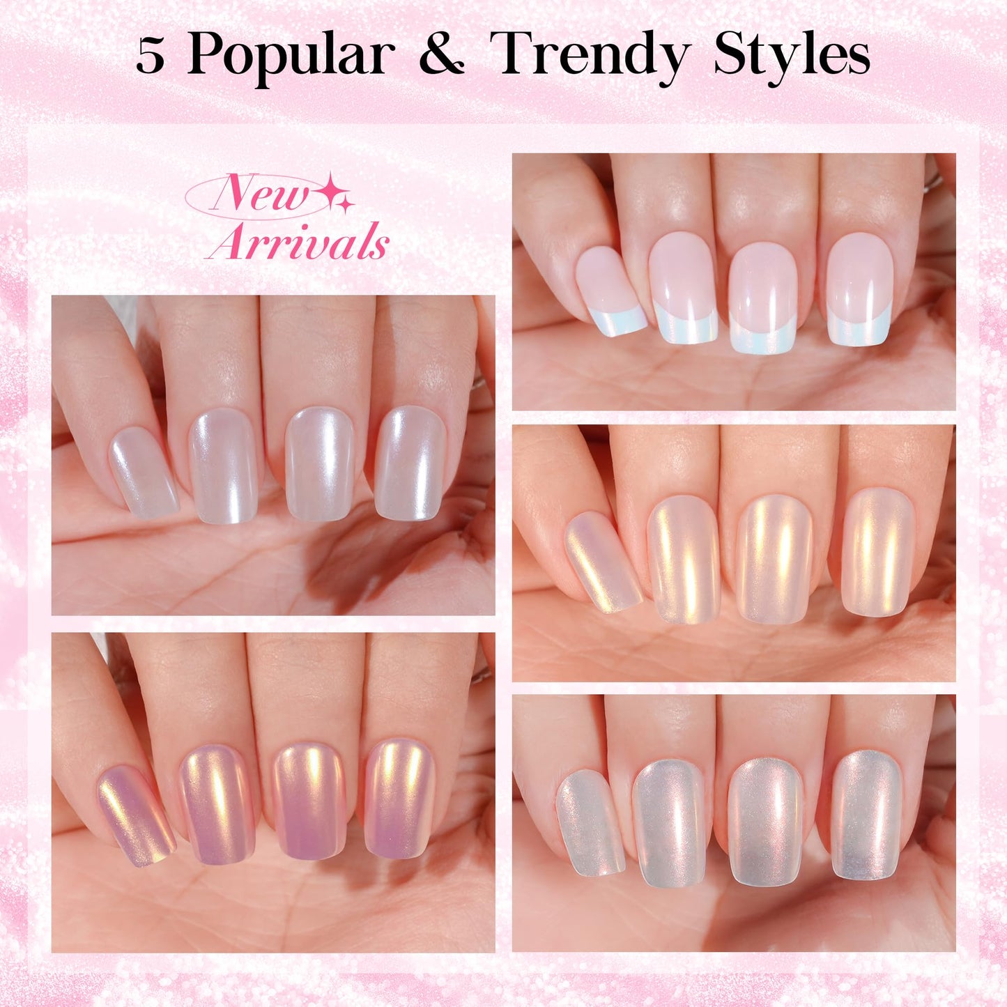 NEW Press on Nails Short, Jofay Fashion 120Pcs Salon-Like Fake Nails with French Mermaid/Pearl/Aurora Chrome Nail Designs, Glossy Artificial Acrylic False Nails, Glue on Nails Stick on Nails for Women