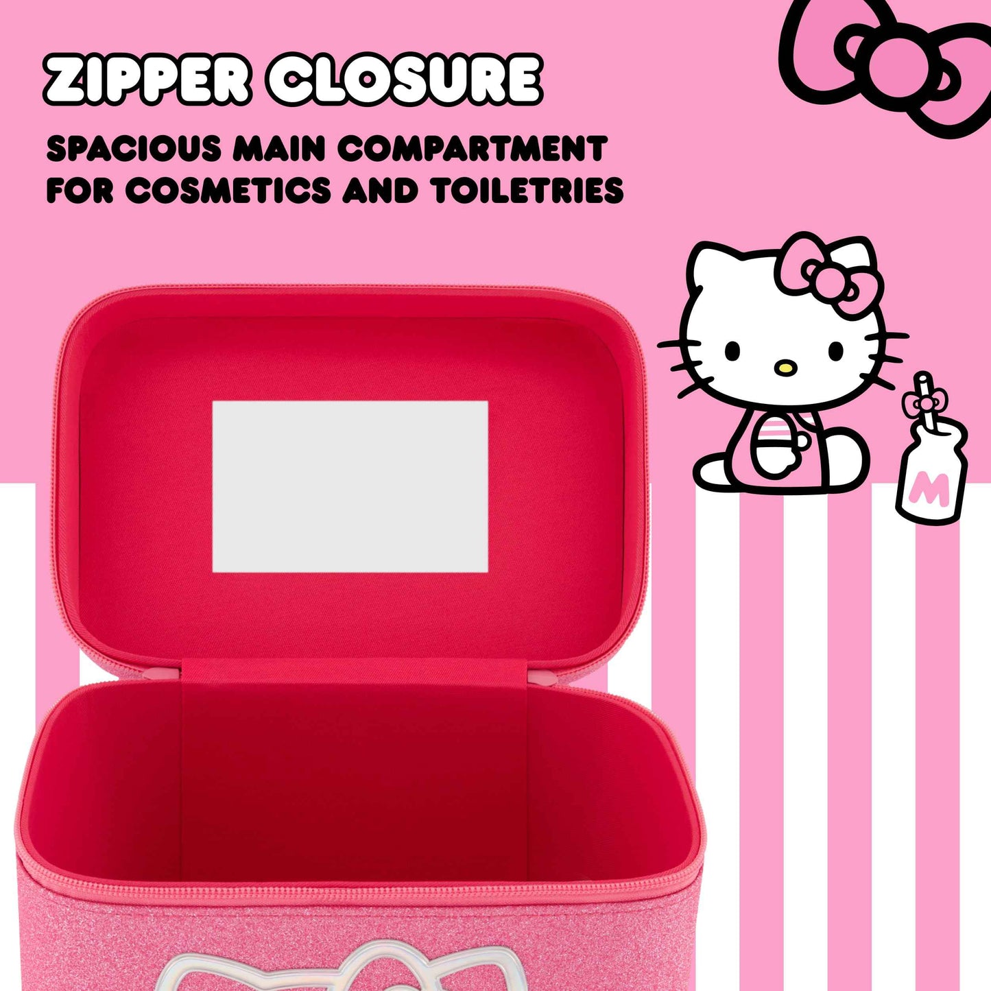 Hello Kitty Large Cosmetic Travel Case Organizer, Portable Makeup Box with Mirror and Dual Zipper, Pink