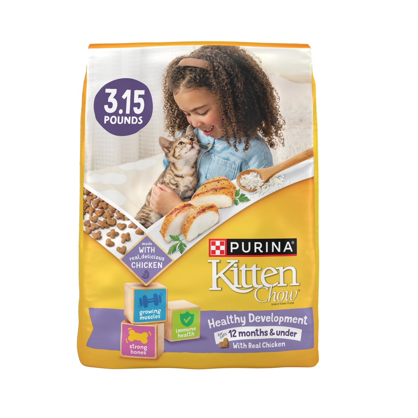 Purina Kitten Chow Kitten Food Healthy Development with Real Chicken Dry Kitten Food - (Pack of 4) 3.15 Lb. Bags